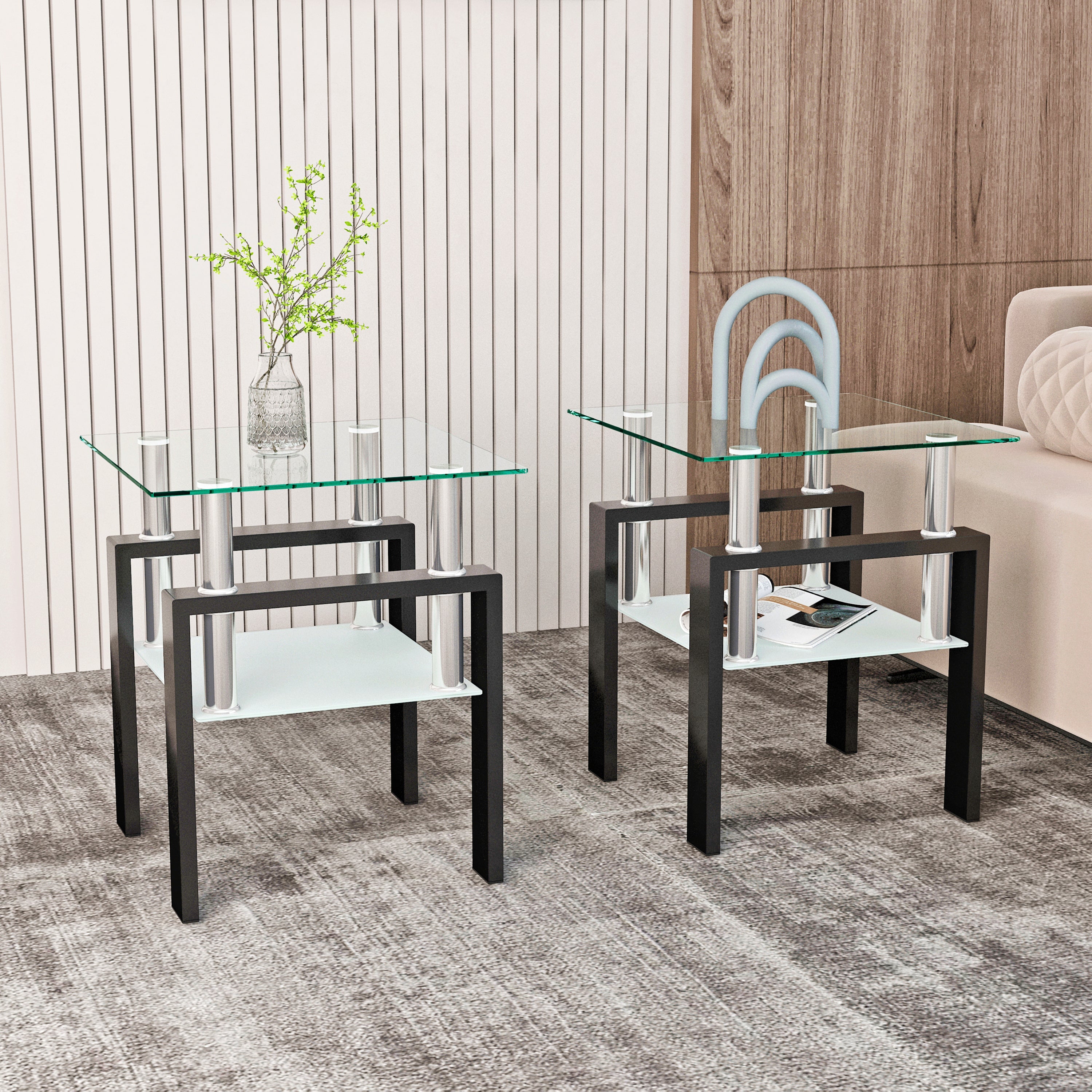 HAOYYE Set of 2, Modern Tempered Glass Tea Table Coffee Table End Table, Square Table for Living Room, Transparent/Black Sturdy Space-Saving Heavy Duty Modern Design Adults Dorm Room Easy Assembly