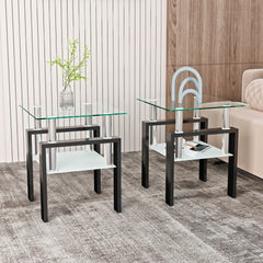 HAOYYE Set of 2, Modern Tempered Glass Tea Table Coffee Table End Table, Square Table for Living Room, Transparent/Black Sturdy Space-Saving Heavy Duty Modern Design Adults Dorm Room Easy Assembly