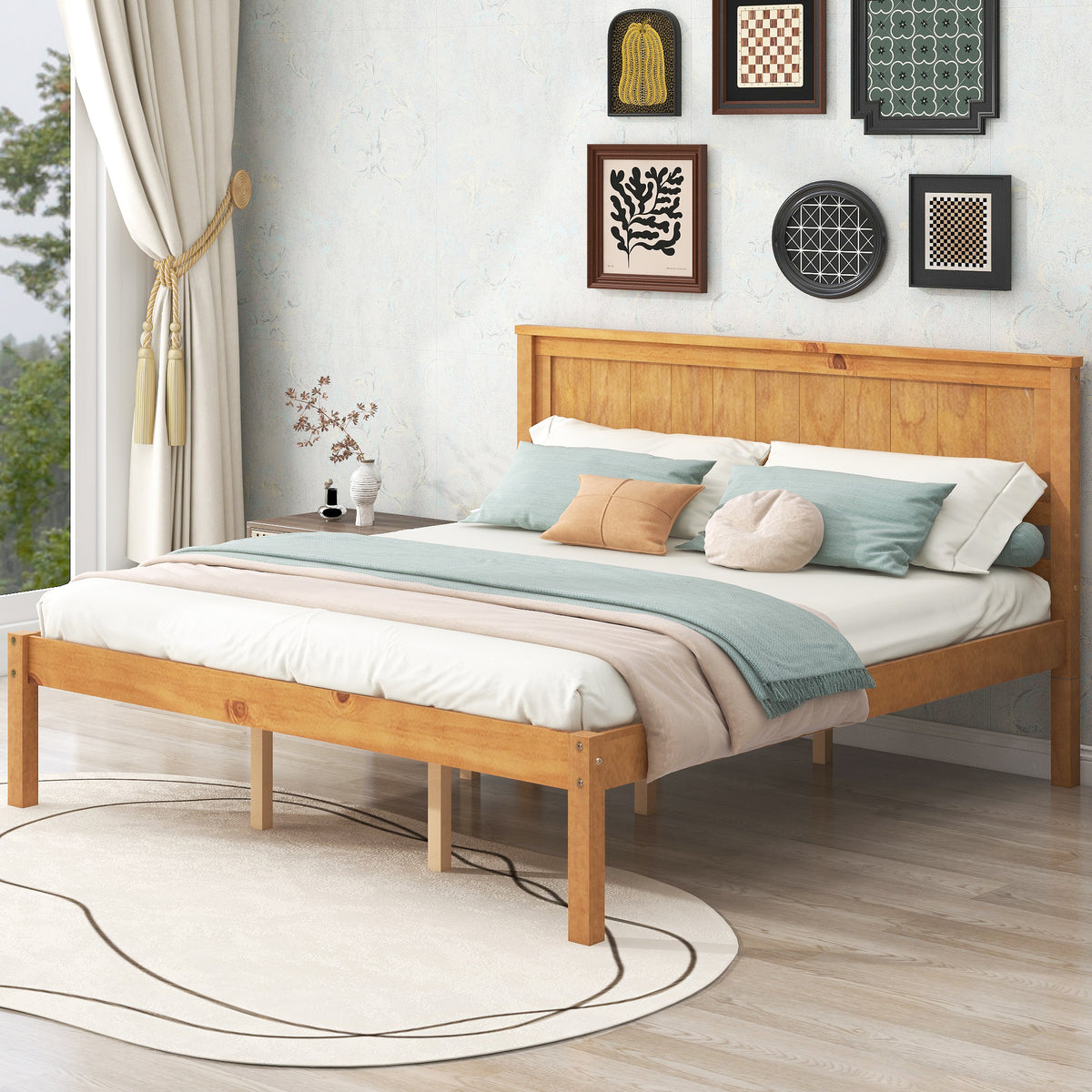 HAOYYE Platform Bed Frame with Headboard, Wood Slat Support, No Box Spring Needed, Queen, Oak Sturdy Space-Saving Heavy Duty Modern Design Adults Dorm Room Easy Assembly Bedroom Furniture