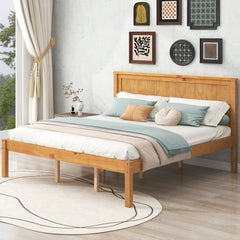 HAOYYE Platform Bed Frame with Headboard, Wood Slat Support, No Box Spring Needed, Queen, Oak Sturdy Space-Saving Heavy Duty Modern Design Adults Dorm Room Easy Assembly Bedroom Furniture