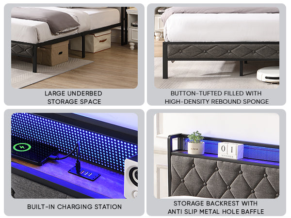 HAOYYE King Bed Frame with Storage Headboard, Charging Station and LED Lights, Upholstered Platform Bed with Heavy Metal Slats, No Box Spring Needed, Noise Free, Easy Assembly, Dark Gray Sturdy Space-Saving
