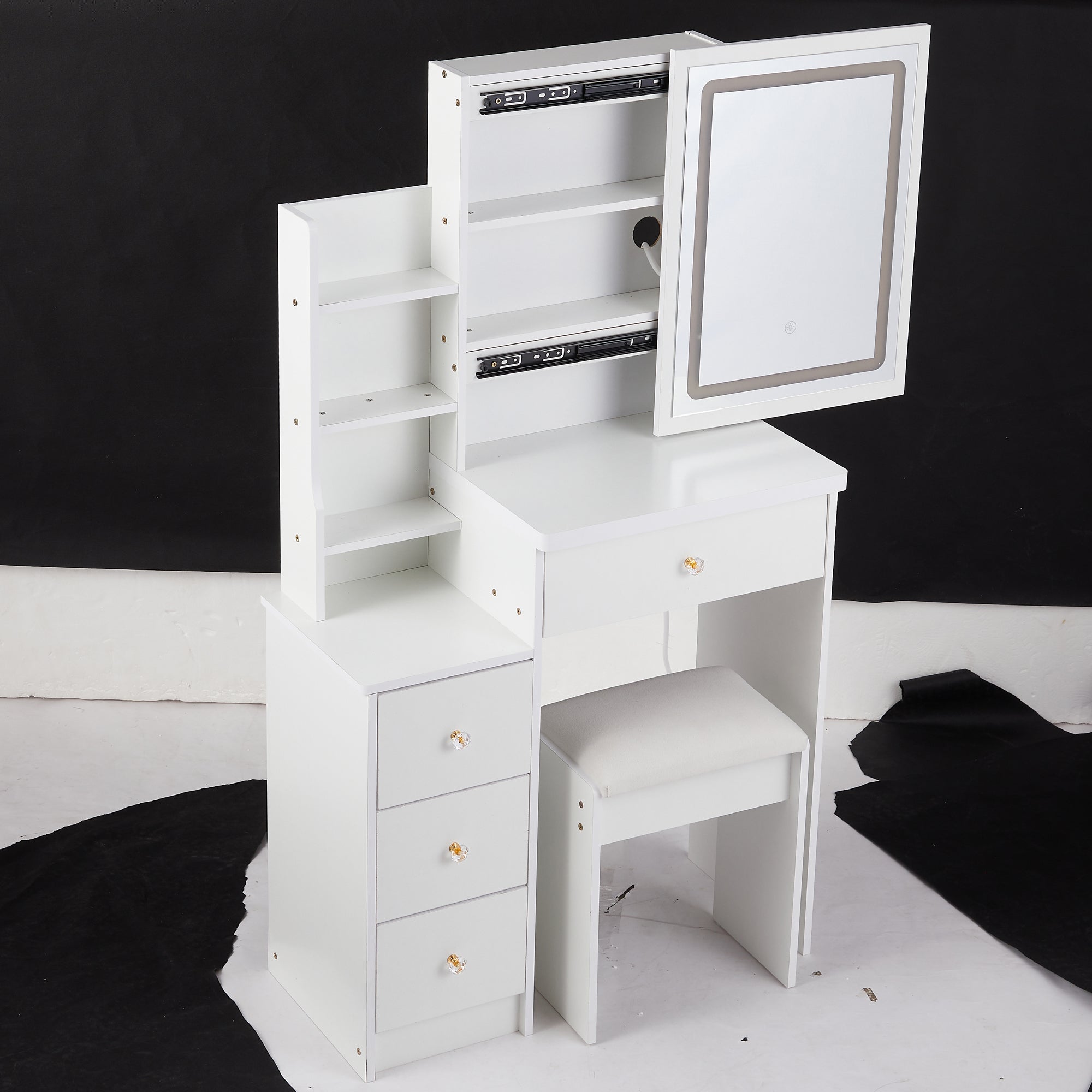 HAOYYE Small Vanity Table Set With Touch Control Sliding LED Mirror, Tri-Color Switching, Adjustable Brightness, Multi-Layer Storage, Includes Cushioned Stool, Ideal For Compact Spaces, EPA, GCC, And UL Certified