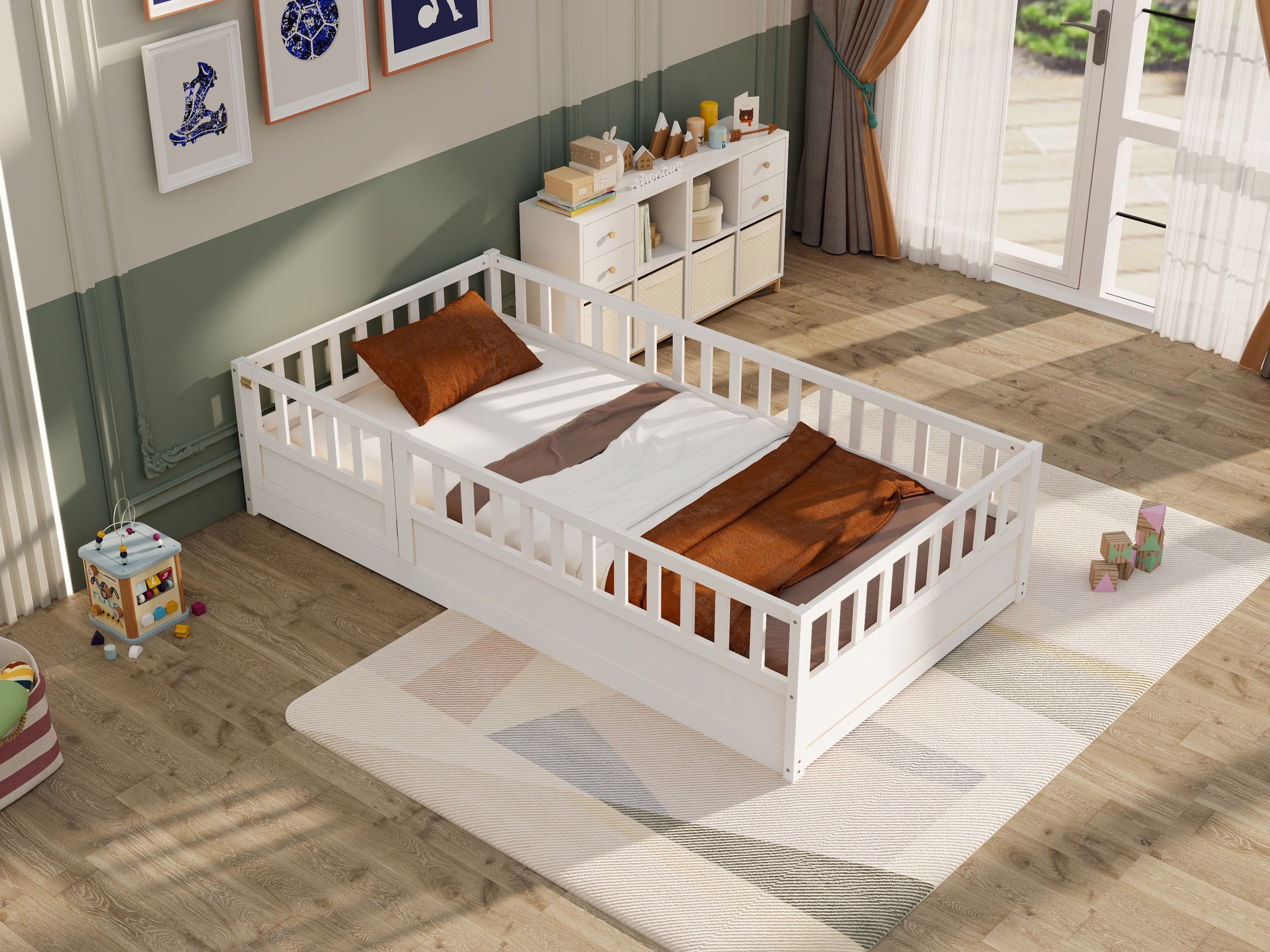 HAOYYE Twin Size Floor bed, integral construction with super high security barrier, door, 's floor bed frame, Montessori wooden 's floor bed, white Sturdy Space-Saving Heavy Duty Adults