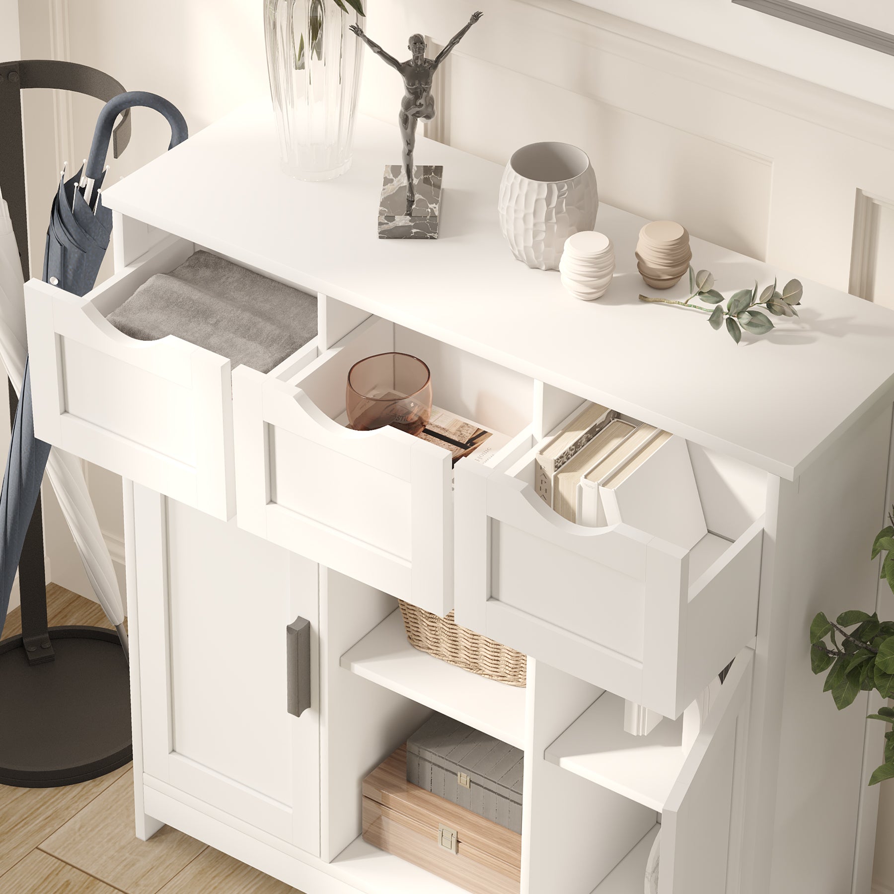 HAOYYE Storage Cabinet With Drawers And Shelves, White Wooden Floor Cabinet, Accent Cabinet For Living Room, Bedroom, Or Bathroom, Sturdy Modern Space-Saving Heavy Duty Design