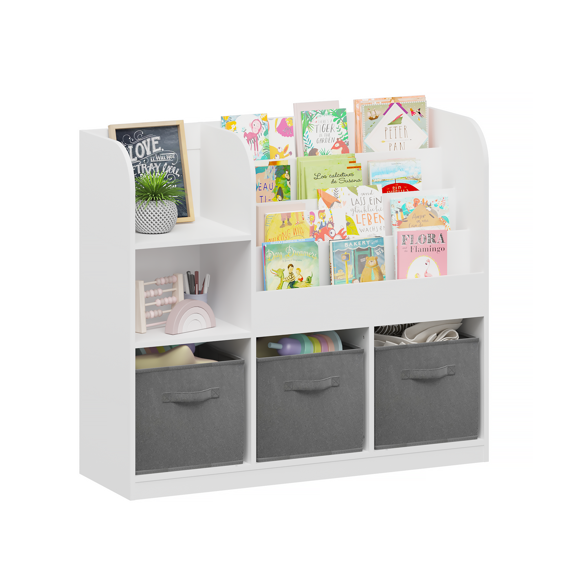 HAOYYE Bookcase and Bookshelf, Multifunctional Display Stand With 3 Collapsible Fabric Drawers, Toy Storage Organizer for Bedroom, Playroom, or Hallway, White/Gray, Sturdy Space-Saving Design