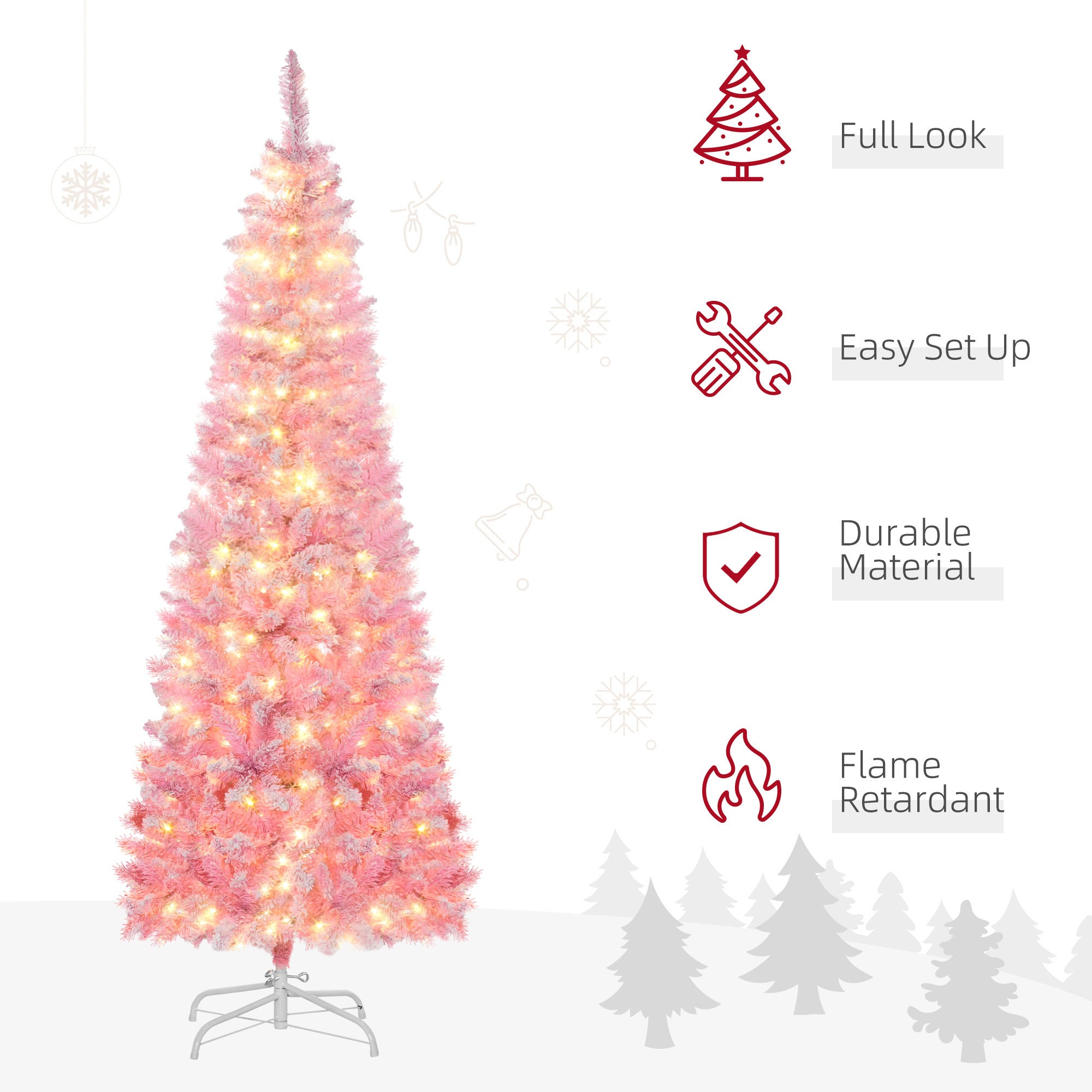 HAOYYE 6ft Prelit Snow Flocked Artificial Christmas Tree with Pencil Shape, Pine Realistic Branches, Warm White LED lights, Auto Open, Pink and White Sturdy Space-Saving Heavy Duty Modern Design
