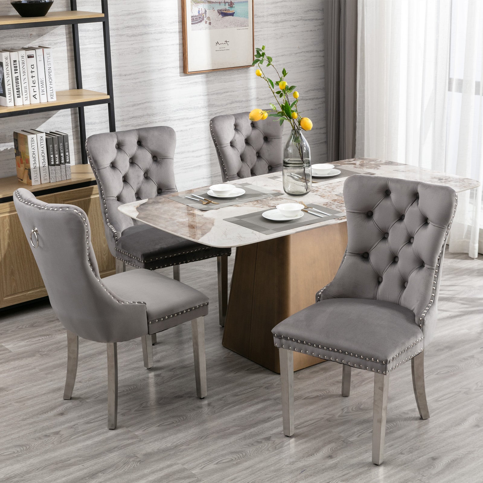 HAOYYE High-end Tufted Solid Wood Contemporary Velvet Upholstered Dining Chair with Chrome Stainless Steel Plating Legs,Nailhead Trim,Set of 2,Gray and Chrome, SW1701GY
