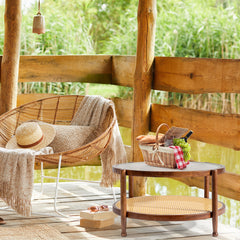 HAOYYE Rattan Coffee Table with Tempered Glass Top, Round Boho Style End Table, Stylish Side Table for Living Room, Balcony, Patio, and Office, Sturdy Walnut Finish, Indoor and Outdoor Use