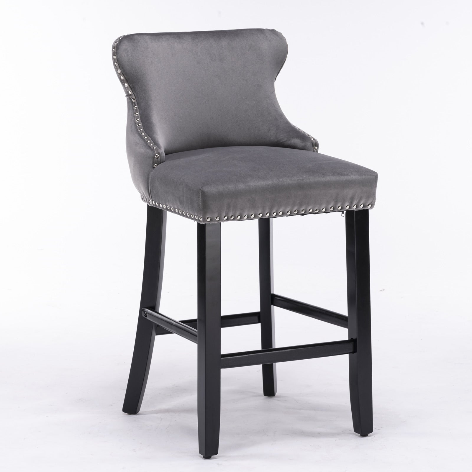 HAOYYE Contemporary Velvet Upholstered Wing-Back Barstools with Button Tufted Decoration and Wooden Legs, and Chrome Nailhead Trim, Leisure Style Bar Chairs,Bar stools, Set of 2 (Gray),SW1824GY