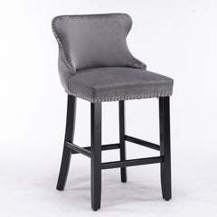 HAOYYE Contemporary Velvet Upholstered Wing-Back Barstools with Button Tufted Decoration and Wooden Legs, and Chrome Nailhead Trim, Leisure Style Bar Chairs,Bar stools, Set of 2 (Gray),SW1824GY
