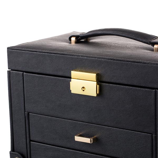HAOYYE Black Synthetic Leather Jewelry Box – Large Mirrored Watch Organizer With Necklace, Ring, And Earring Storage – Lockable Case With Soft Velvet Lining, Elegant Home Décor, Luxury Design, Perfect Gift For Women