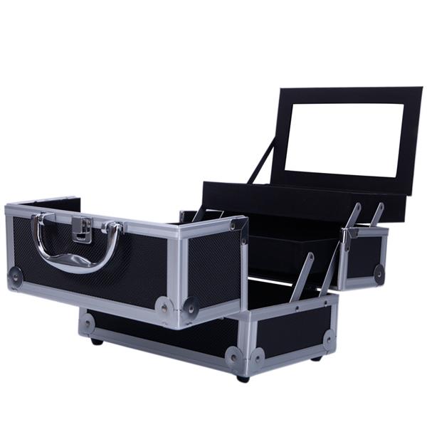 HAOYYE SM-2176 Aluminum Makeup Train Case, Black Cosmetic Organizer with Mirror, Compact and Durable Jewelry Box, Stylish Space-Saving Design, Perfect for Travel or Home