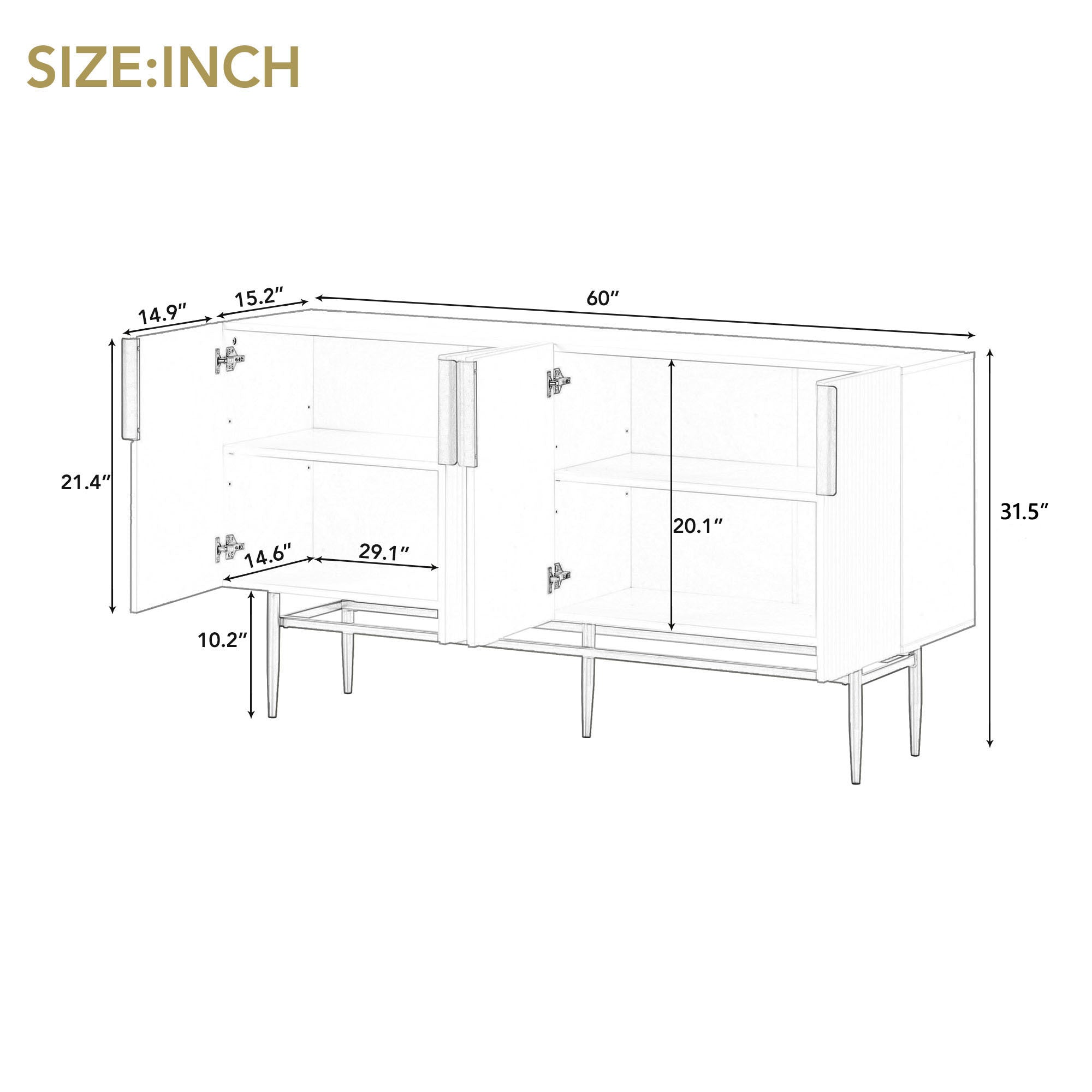 HAOYYE Modern Elegant 4-door Sideboard Gold Metal Handle Buffet Cabinet for Dining Room, Living Room, Bedroom, Hallway (White) Sturdy Space-Saving Heavy Duty Modern Design Adults Dorm Room