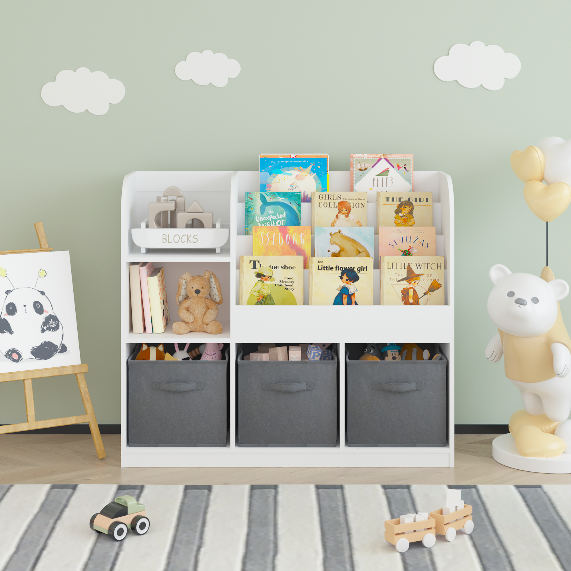 HAOYYE Bookcase and Bookshelf, Multifunctional Display Stand With 3 Collapsible Fabric Drawers, Toy Storage Organizer for Bedroom, Playroom, or Hallway, White/Gray, Sturdy Space-Saving Design