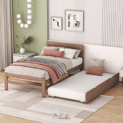 HAOYYE Modern Design Wooden Twin Size Platform Bed Frame with Trundle for Walnut Color Sturdy Space-Saving Heavy Duty Adults Dorm Room Easy Assembly Bedroom Furniture