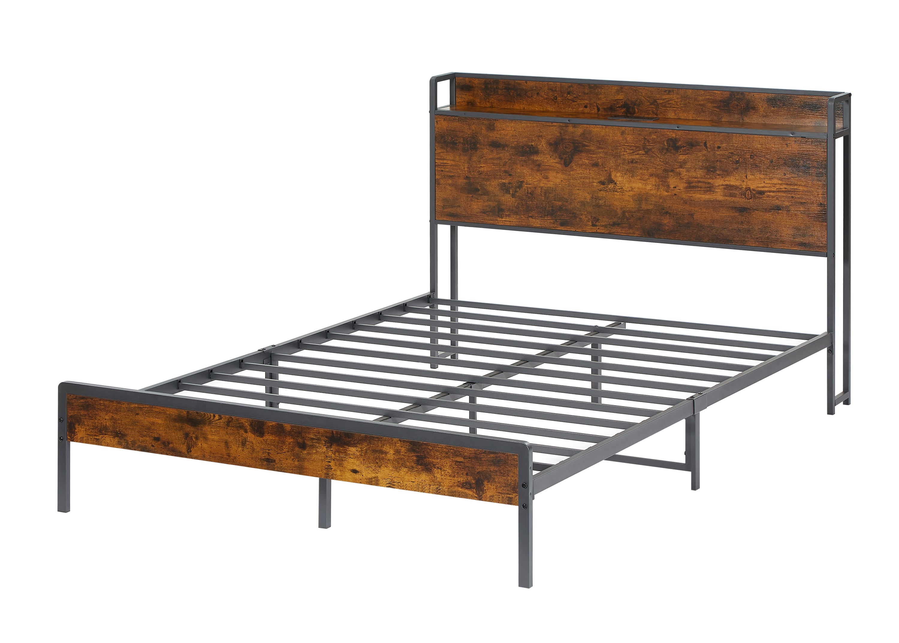 HAOYYE Bed frame with charging station full size, Rustic Brown, 83.1'' L x 56.1'' W x 39'' H Sturdy Space-Saving Heavy Duty Modern Design Adults Dorm Room Easy Assembly Bedroom Furniture