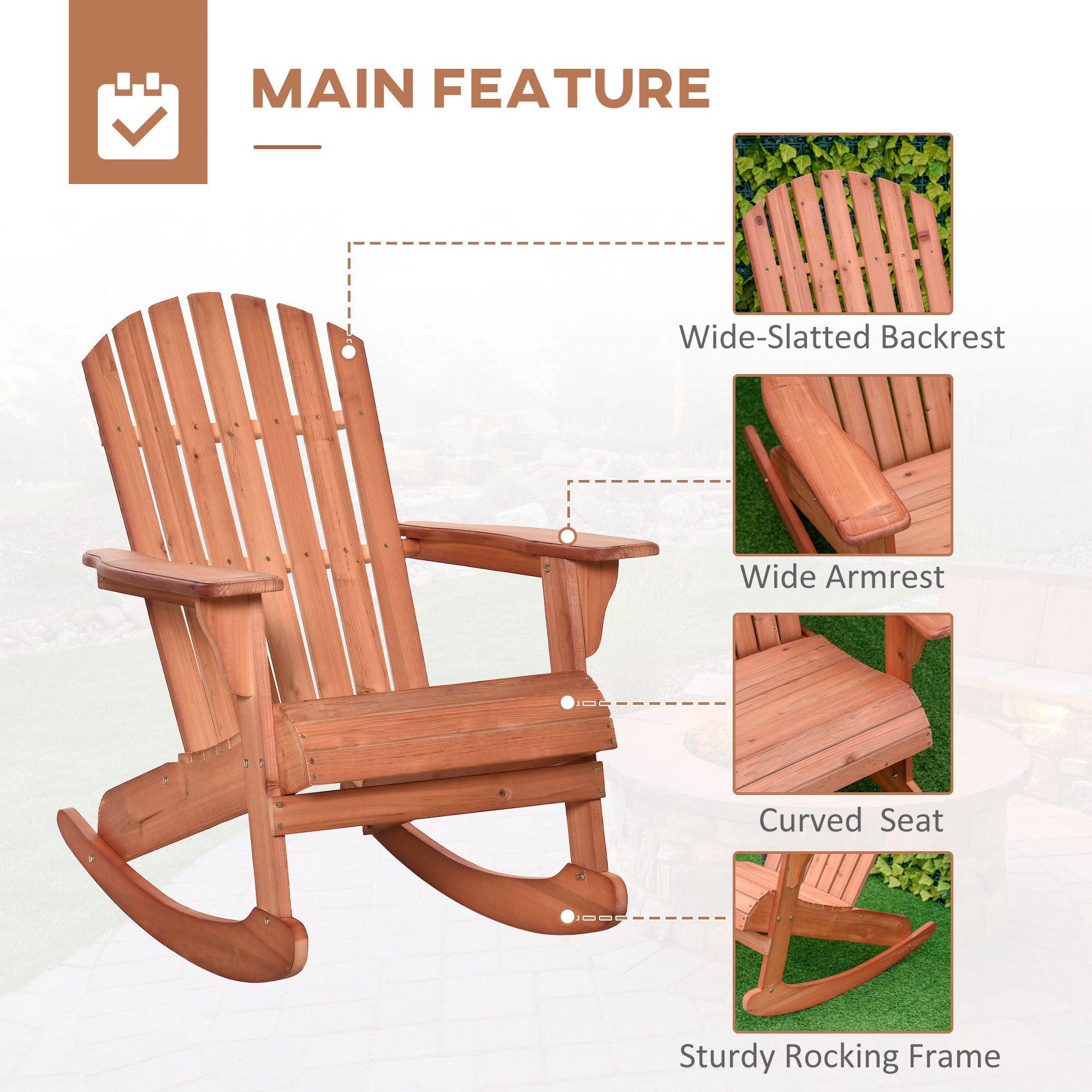 HAOYYE Teak Rocking Chair Made From Solid Weather-Resistant Fir Wood With Painted Finish, Featuring Wide Ergonomic Seat And Fan-Shaped Backrest For Superior Comfort, Slatted Design For Quick Drainage, Ideal For Porch Balcony Backyard Relaxation