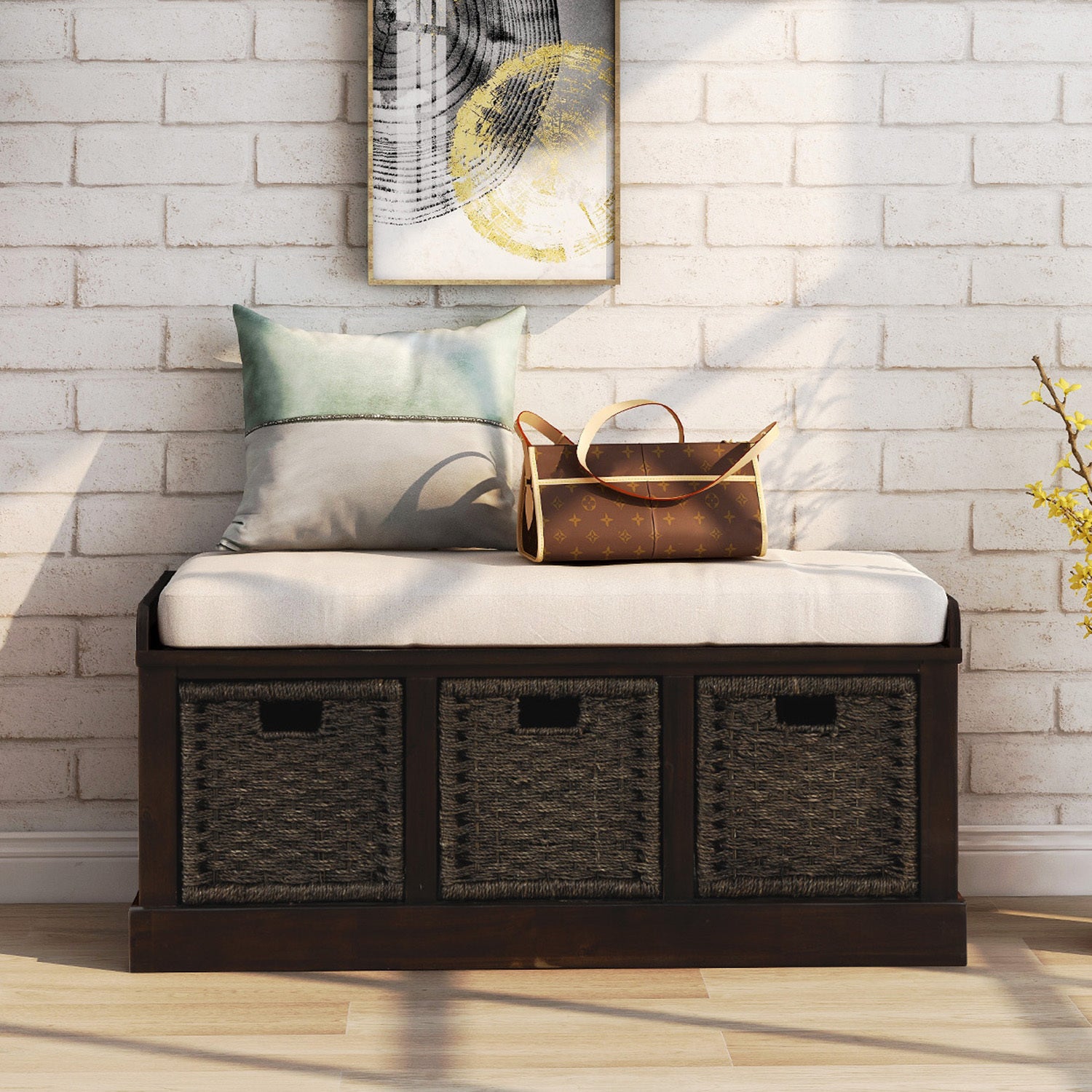 HAOYYE Rustic Storage Bench with 3 Removable Classic Rattan Basket , Entryway Bench with Removable Cushion (Espresso) Sturdy Space-Saving Heavy Duty Modern Design Easy Assembly Durable Stylish