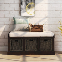 HAOYYE Rustic Storage Bench with 3 Removable Classic Rattan Basket , Entryway Bench with Removable Cushion (Espresso) Sturdy Space-Saving Heavy Duty Modern Design Easy Assembly Durable Stylish