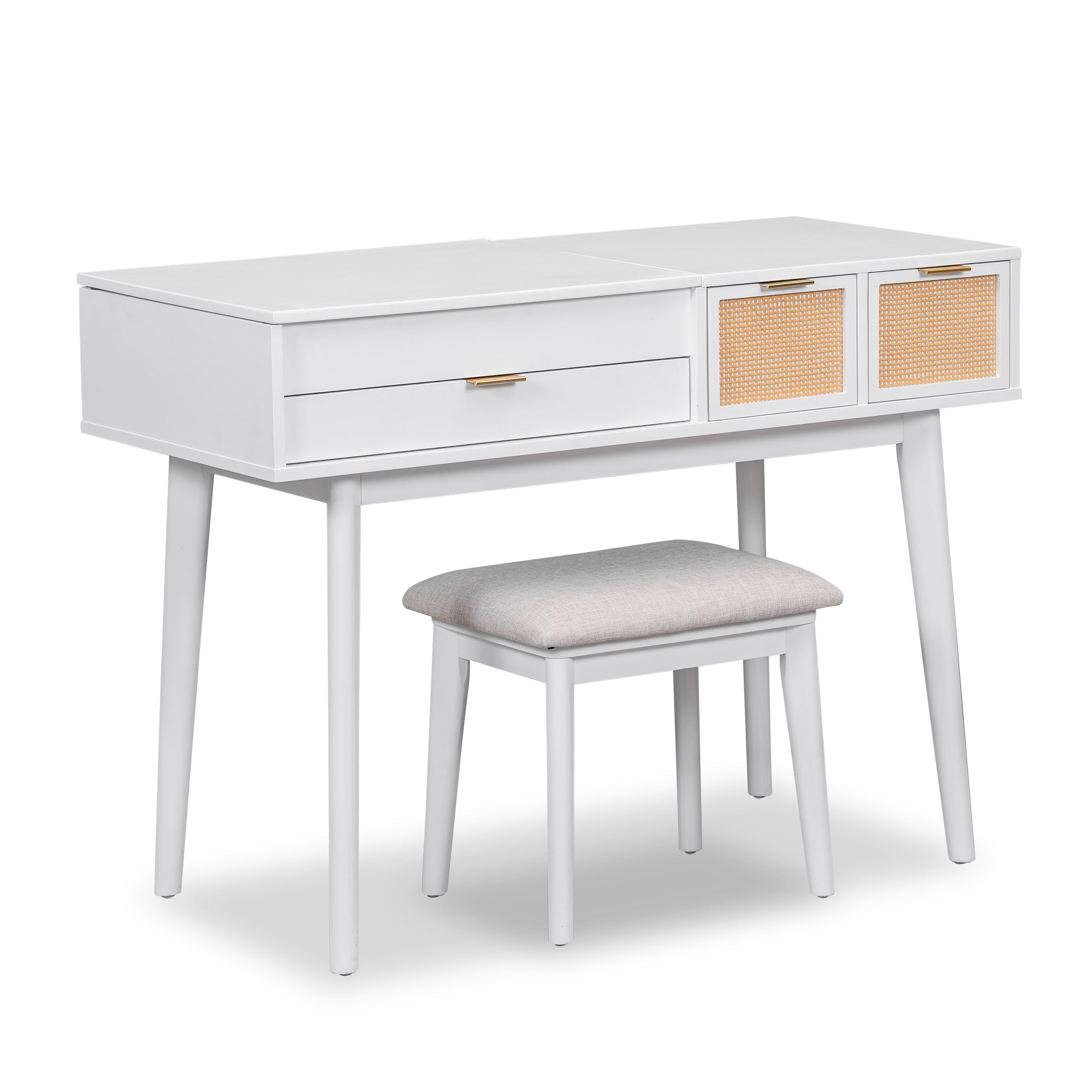 HAOYYE Classic Wood Makeup Vanity Set with Flip-top Mirror and Stool, Dressing Table with Three Drawers and Storage Space, White Modern Design, Luxury Style, Durable Material, Space-saving