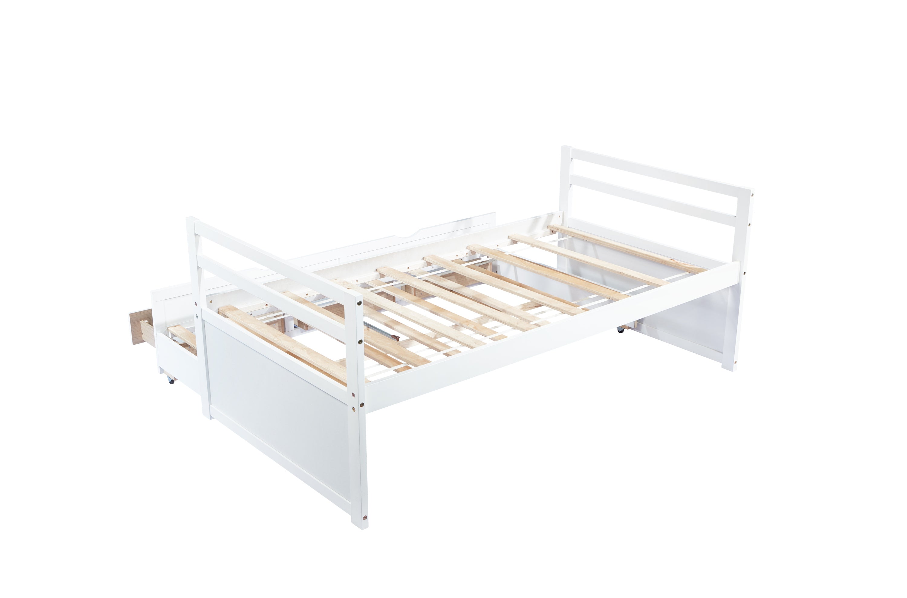 HAOYYE Twin Bed with Headboard, Footboard, Trundle and Storage Drawers, Pine Wood Twin Size Bed, White, Sturdy Space-Saving Heavy Duty Construction, Ideal for Adults and Dorm Rooms