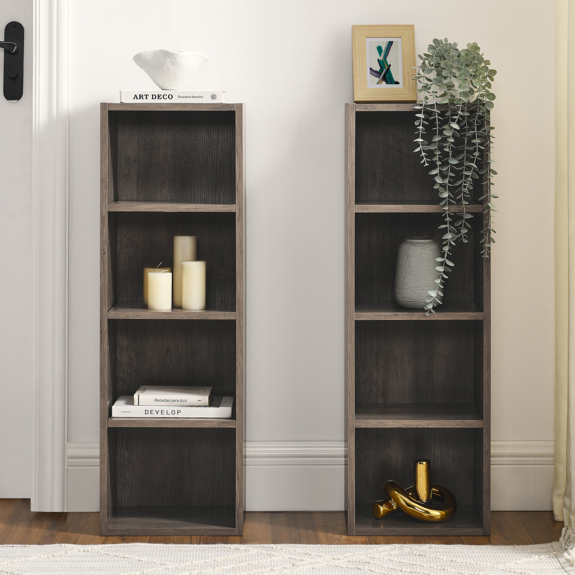 HAOYYE 8-Tier Media Tower Rack, CD DVD Slim Storage Cabinet with Adjustable Shelves, Tall Narrow Bookcase Display Bookshelf for Home Office,Multi-functional double-decker bookcase Sturdy Space-Saving