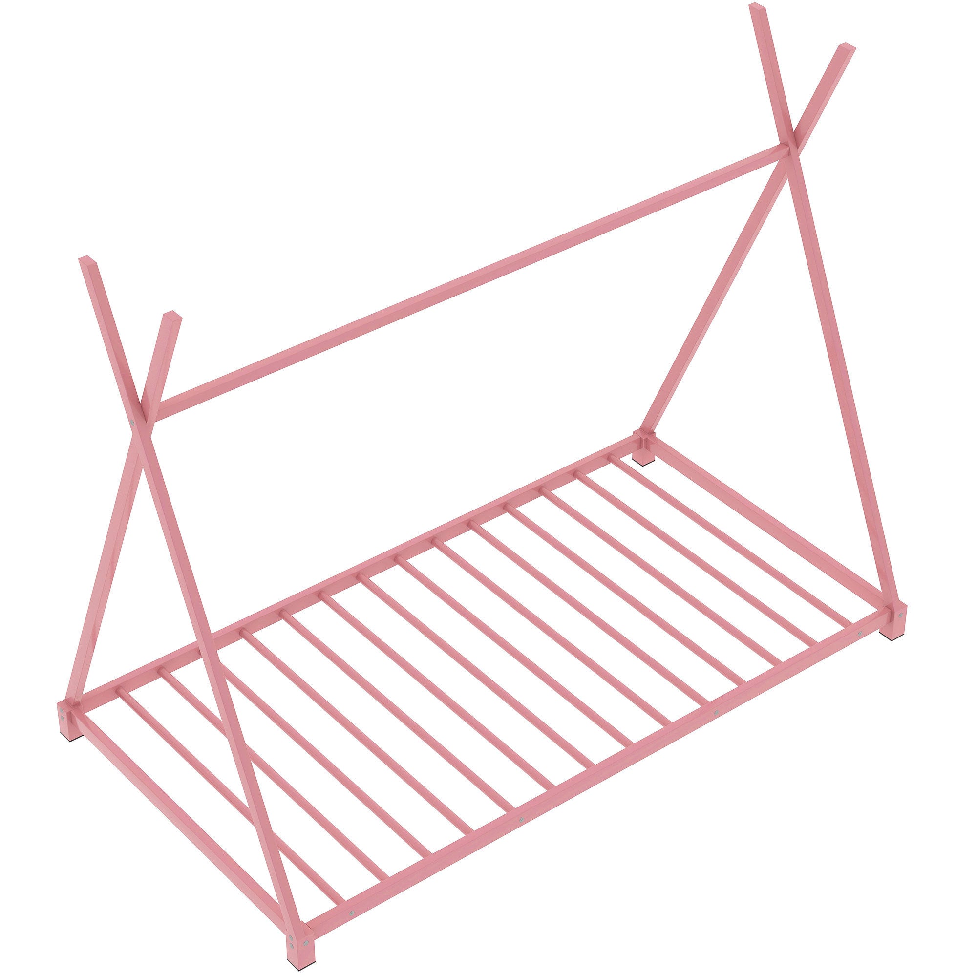 HAOYYE Metal Twin Size House Platform Bed with Triangle Structure, Pink Sturdy Space-Saving Heavy Duty Modern Design Adults Dorm Room Easy Assembly Bedroom Furniture