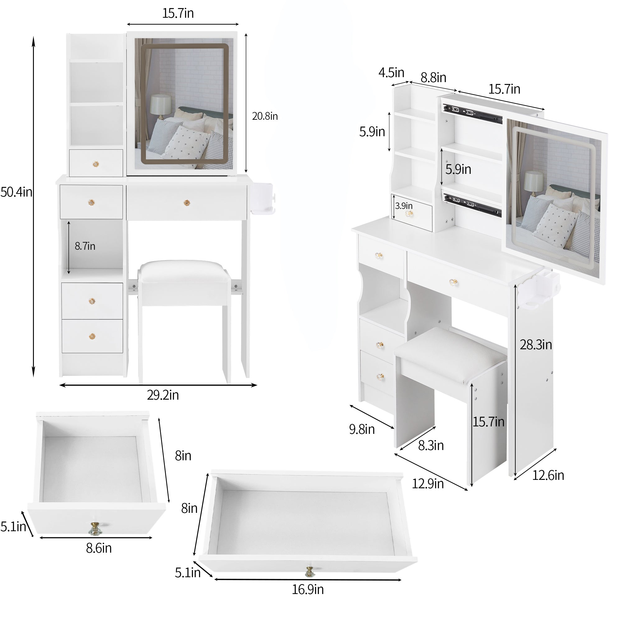 HAOYYE Compact Vanity Table With Left Drawer, Cushioned Stool, Touch-Control Sliding LED Mirror With Tri-Color Switching, Built-In Power Station, Hair Dryer Bracket, Certified By EPA, GCC, And UL