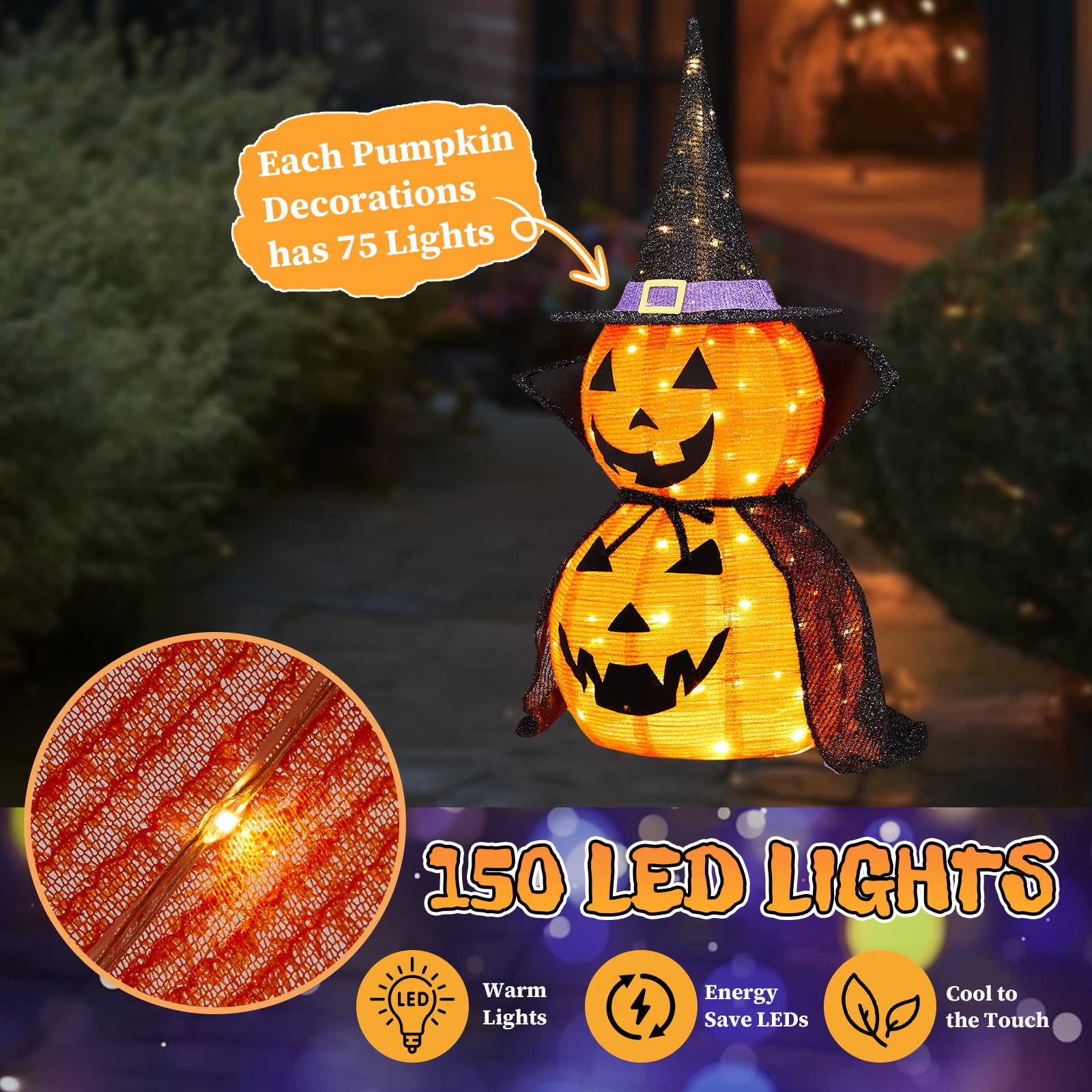 HAOYYE Black Halloween Pumpkin Decorations 2-Pack Collapsible Lighted Jack-O-Lanterns with 176 Warm LED Lights, Metal Frame Pop-Up Pumpkin Lamps with Wizard Capes for Indoor Outdoor Garden Patio Party Decor