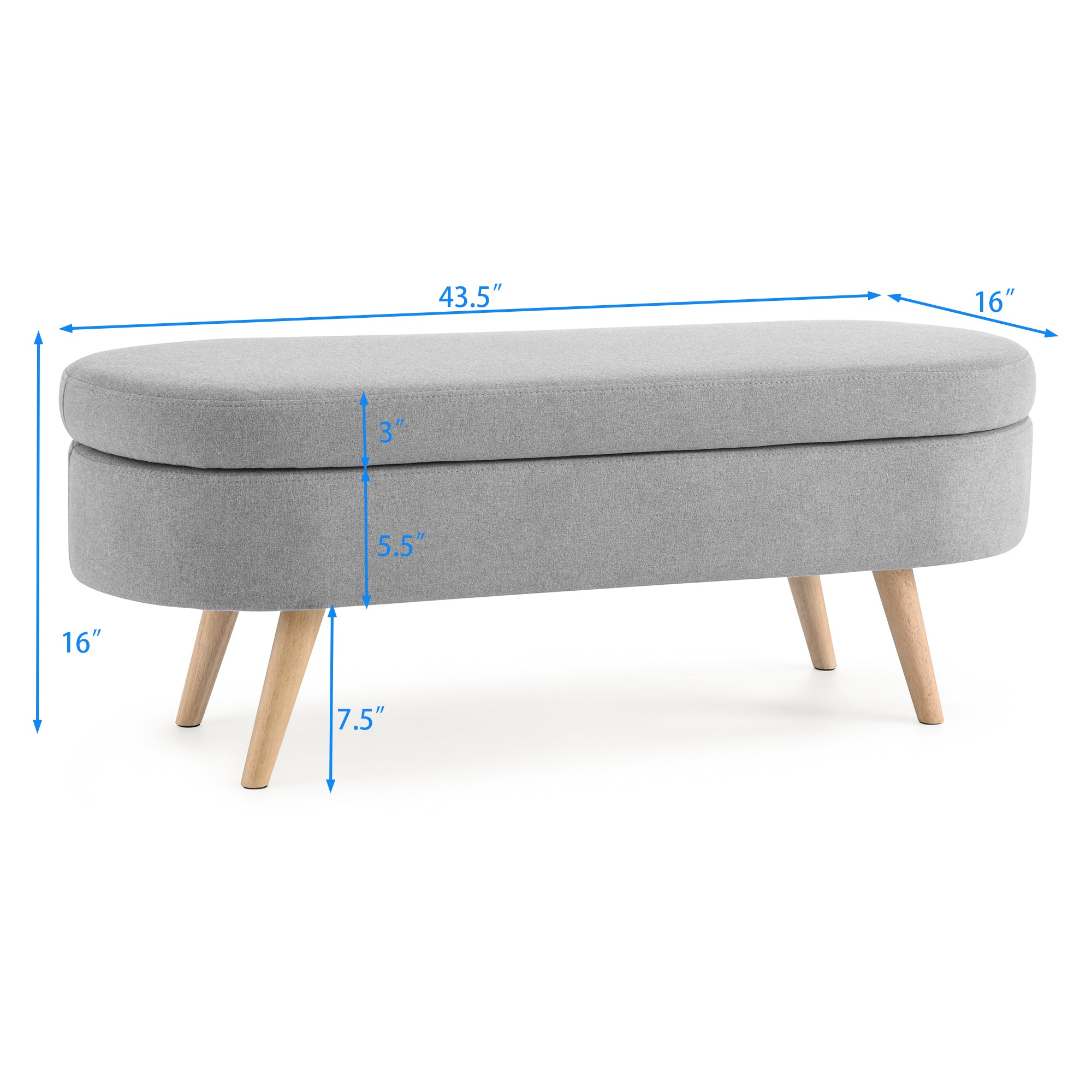 HAOYYE Ottoman Oval Storage Bench, Rubber Wood Legs, Grey(43.5"x16"x16") Sturdy Space-Saving Heavy Duty Modern Design Adults Dorm Room Easy Assembly Bedroom Furniture