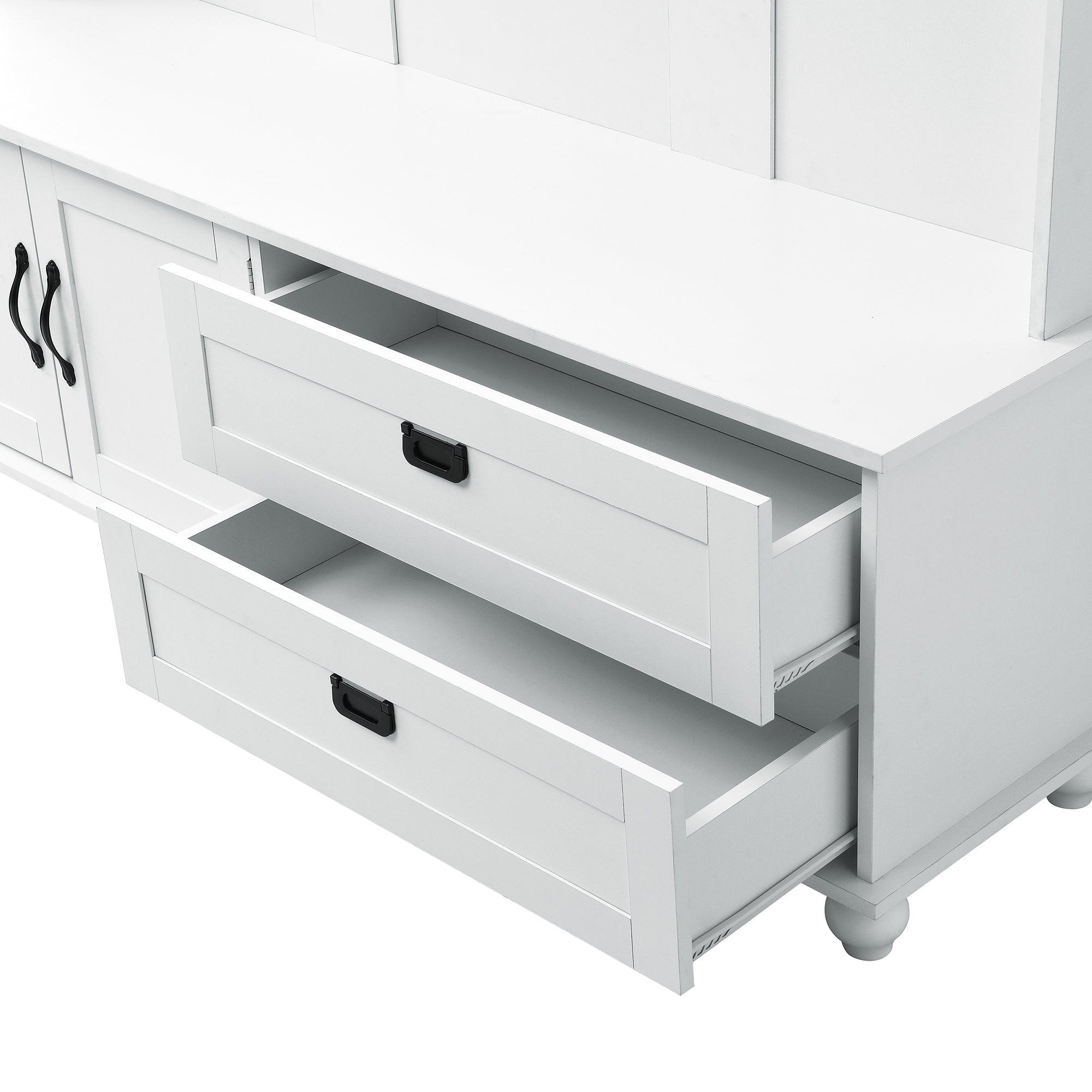 HAOYYE Modern White Hall Tree with Storage Cabinet, 2 Large Drawers, and 5 Coat Hooks, Sturdy Space-Saving Mudroom Bench, Heavy Duty Design for Adults