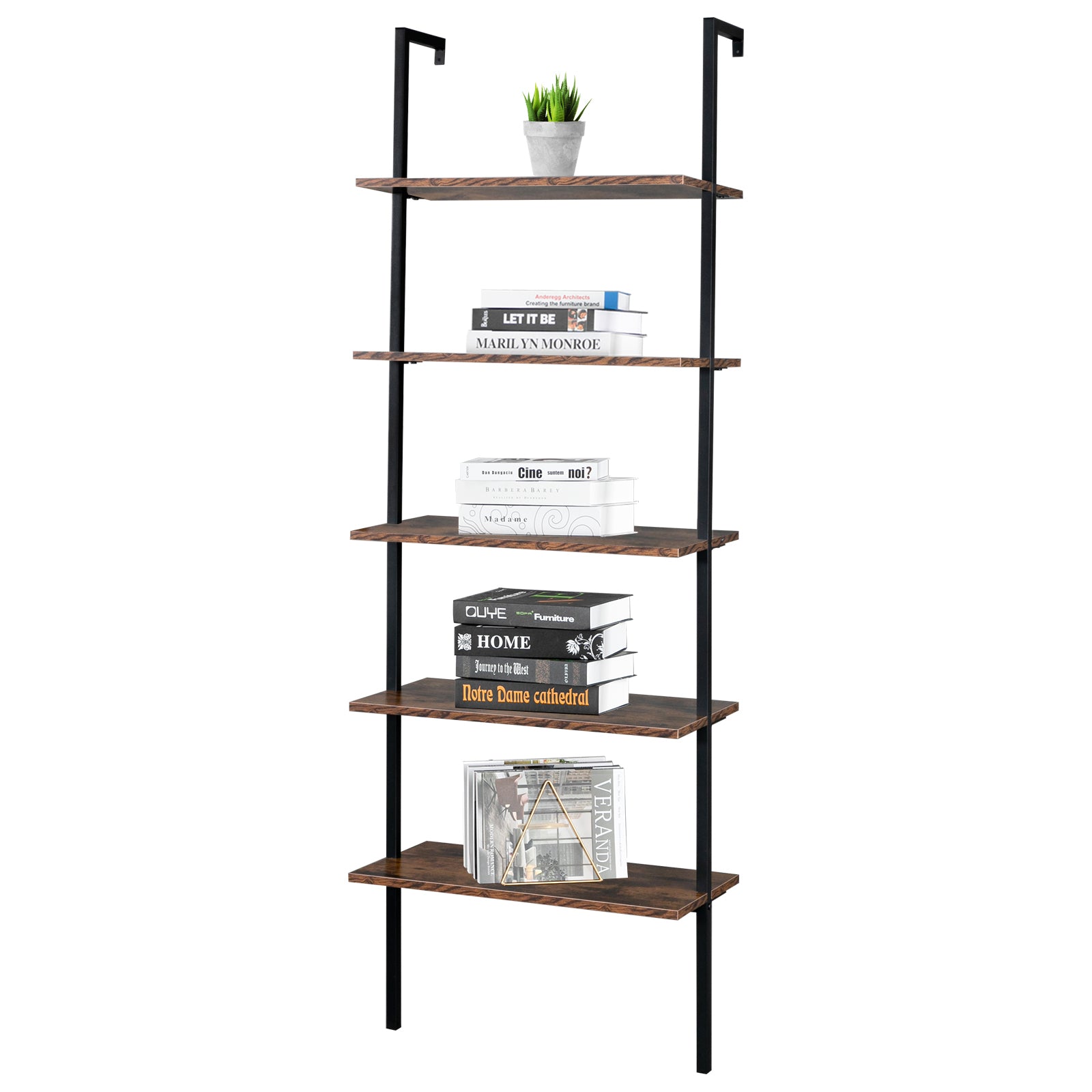 HAOYYE 5-Tier Industrial Wall Mounted Ladder Bookcase – Rustic Brown Wood Finish With Black Metal Frame, Open Display Shelf For Books, Home Décor, Plants, Living Room Storage, Office Display, Durable & Space-Saving Industrial Design