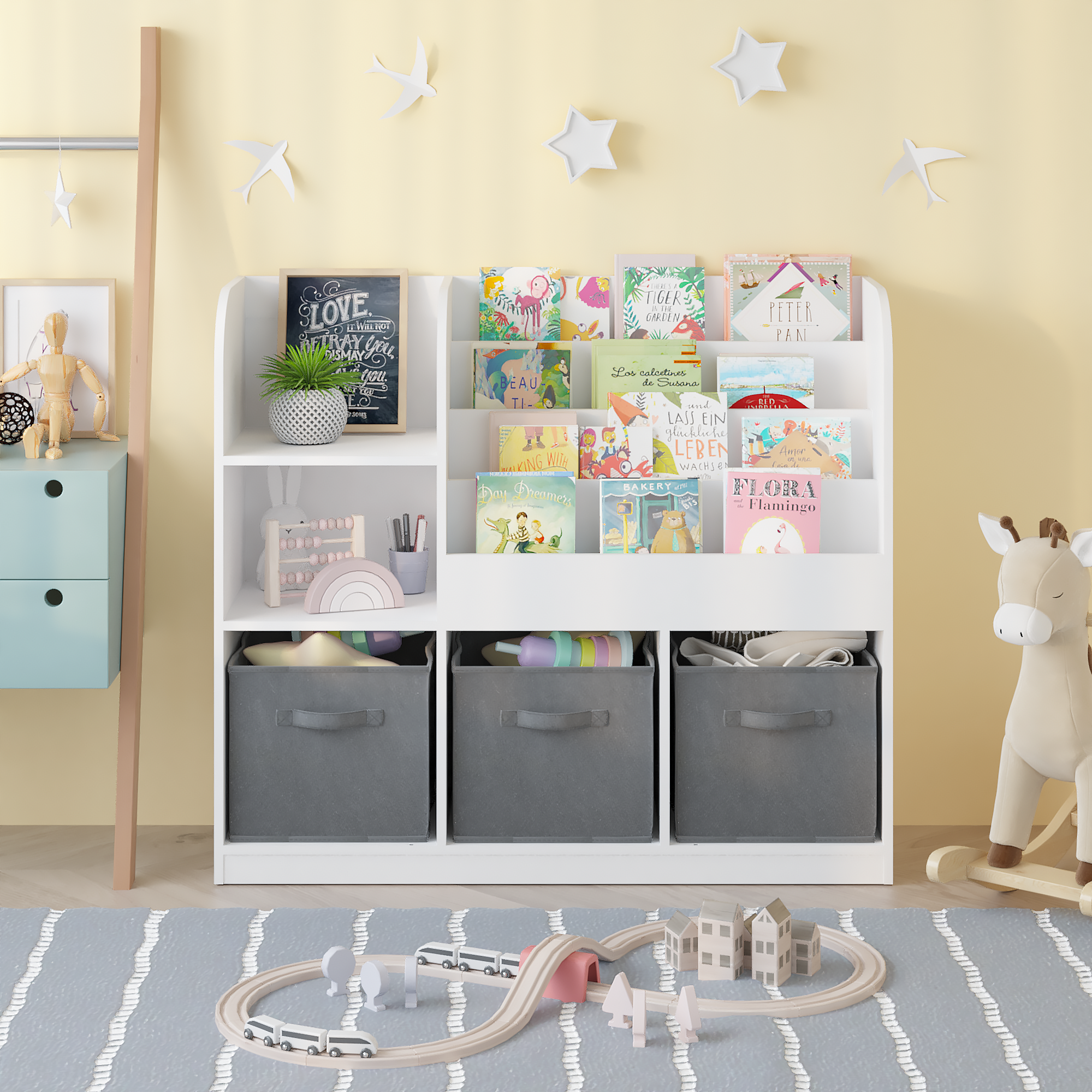 HAOYYE Bookcase and Bookshelf, Multifunctional Display Stand With 3 Collapsible Fabric Drawers, Toy Storage Organizer for Bedroom, Playroom, or Hallway, White/Gray, Sturdy Space-Saving Design