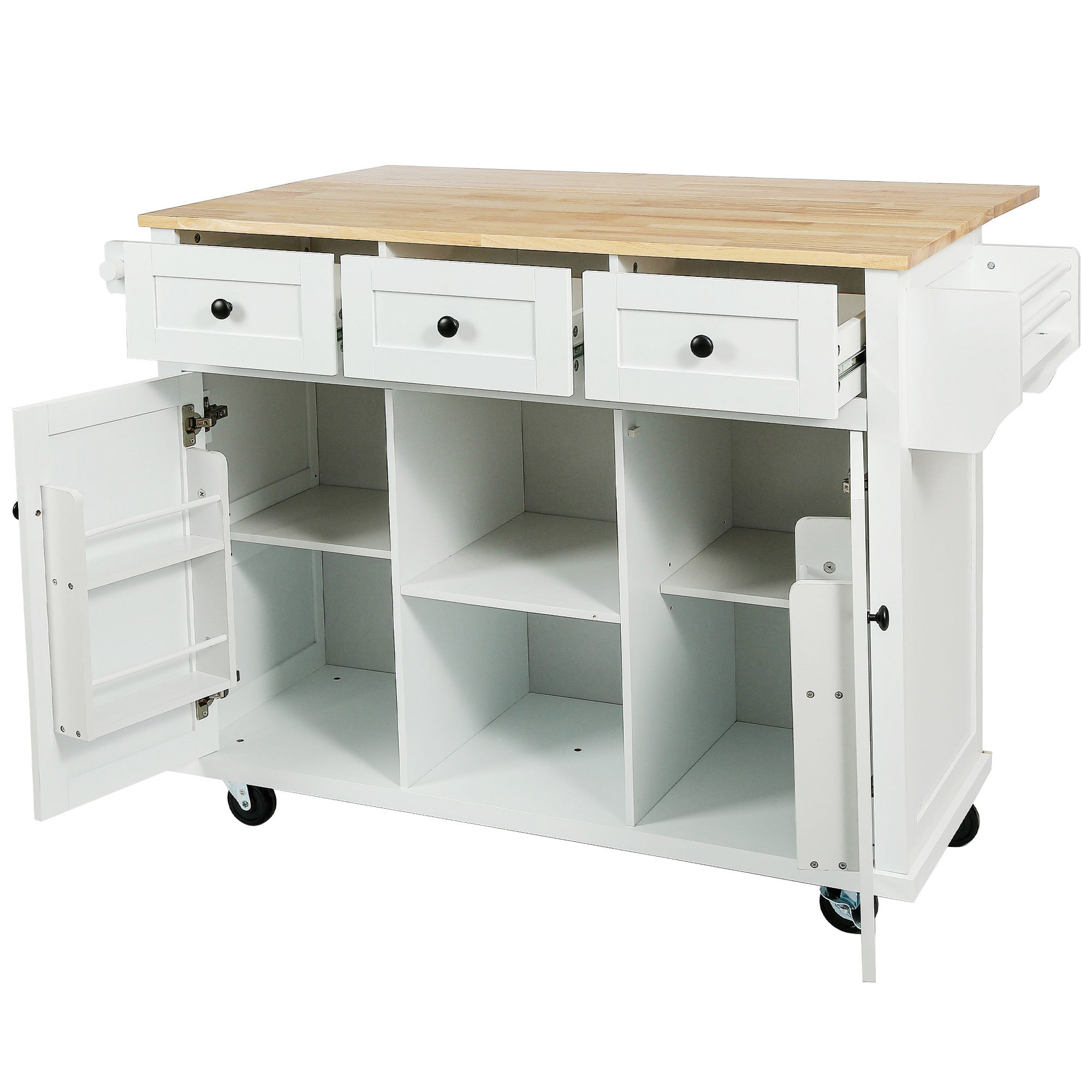 HAOYYE Kitchen Cart with Rubber wood Drop-Leaf Countertop ,Cabinet door internal storage racks,Kitchen Island on 5 Wheels with Storage Cabinet and 3 Drawers for Dinning Room,White Sturdy Space-Saving Durable