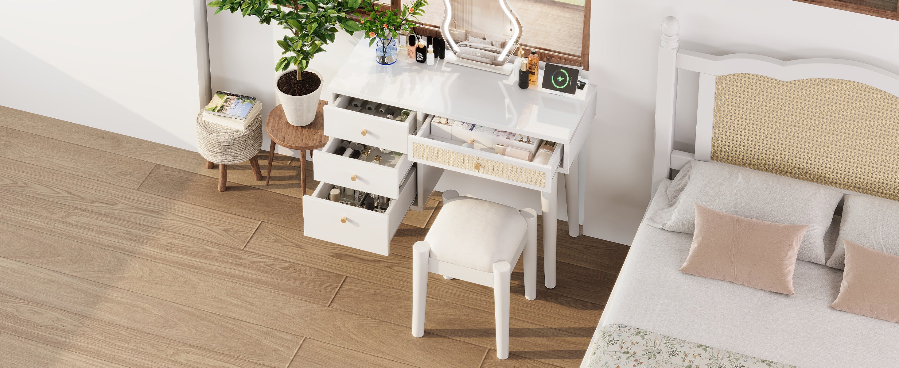 HAOYYE 39" Retro Bohemian Style Wooden Makeup Vanity Set with Charging Plug&USB Port and Stool, Dressing Table with 3 Storage Drawers and 1 Rectangular Rattan Drawer, White