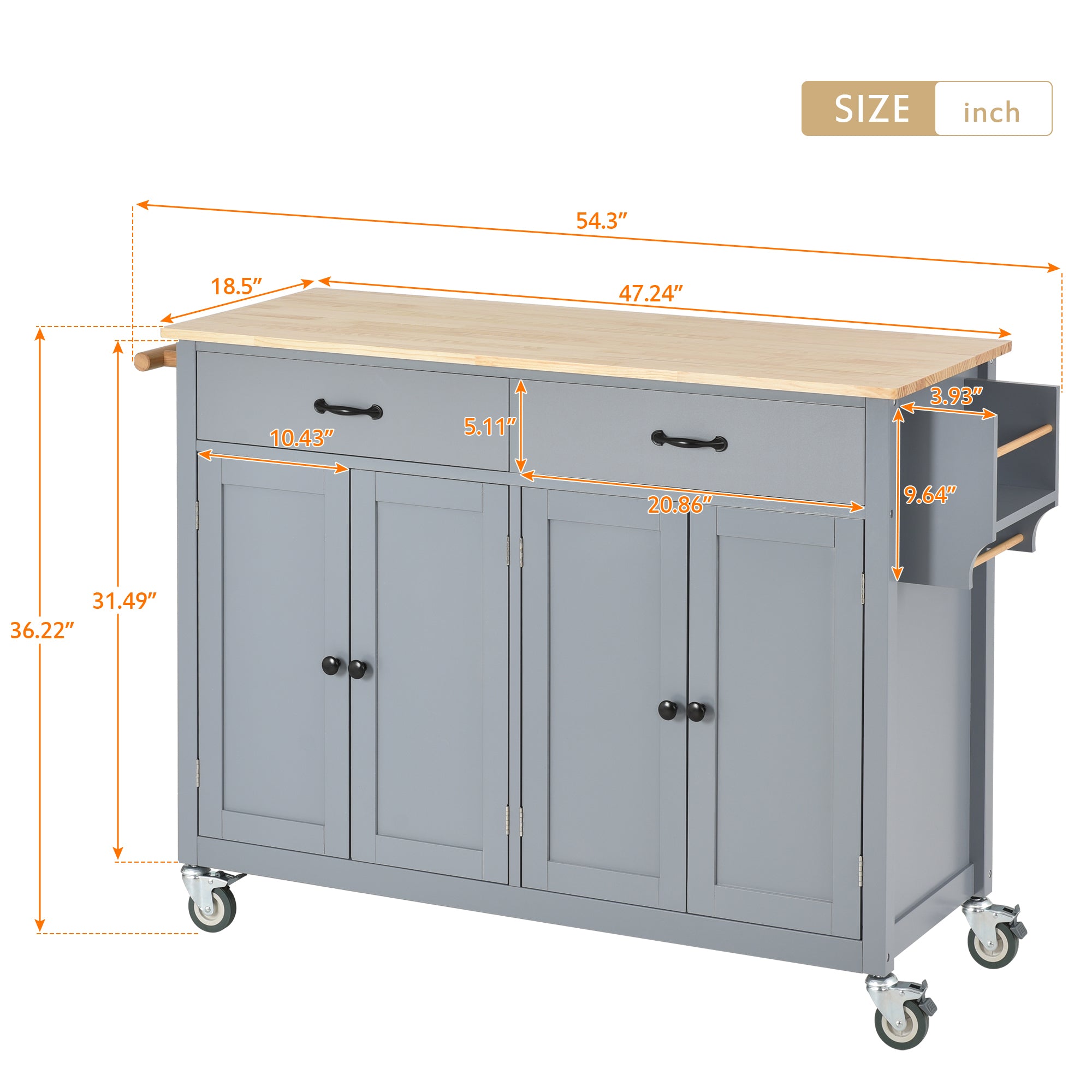 HAOYYE Kitchen Island Cart with Solid Wood Top and Locking Wheels, 4-Door Cabinet and 2 Drawers, Spice Rack, Towel Rack, Grey Blue, Sturdy Space-Saving Design, Heavy Duty Construction, Easy Assembly, Stylish and Durable Home Furniture