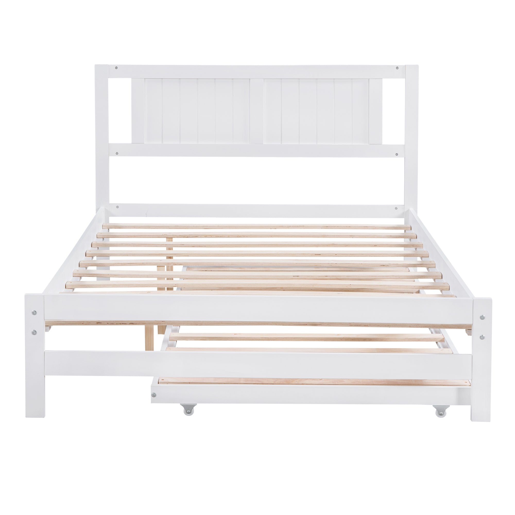 HAOYYE Full Size Platform Bed with Adjustable Trundle, White, Space-Saving Modern Design, Sturdy and Heavy-Duty Wood Frame, Ideal for Guest Room, Apartment, or Dorm, Easy Assembly Bedroom Furniture