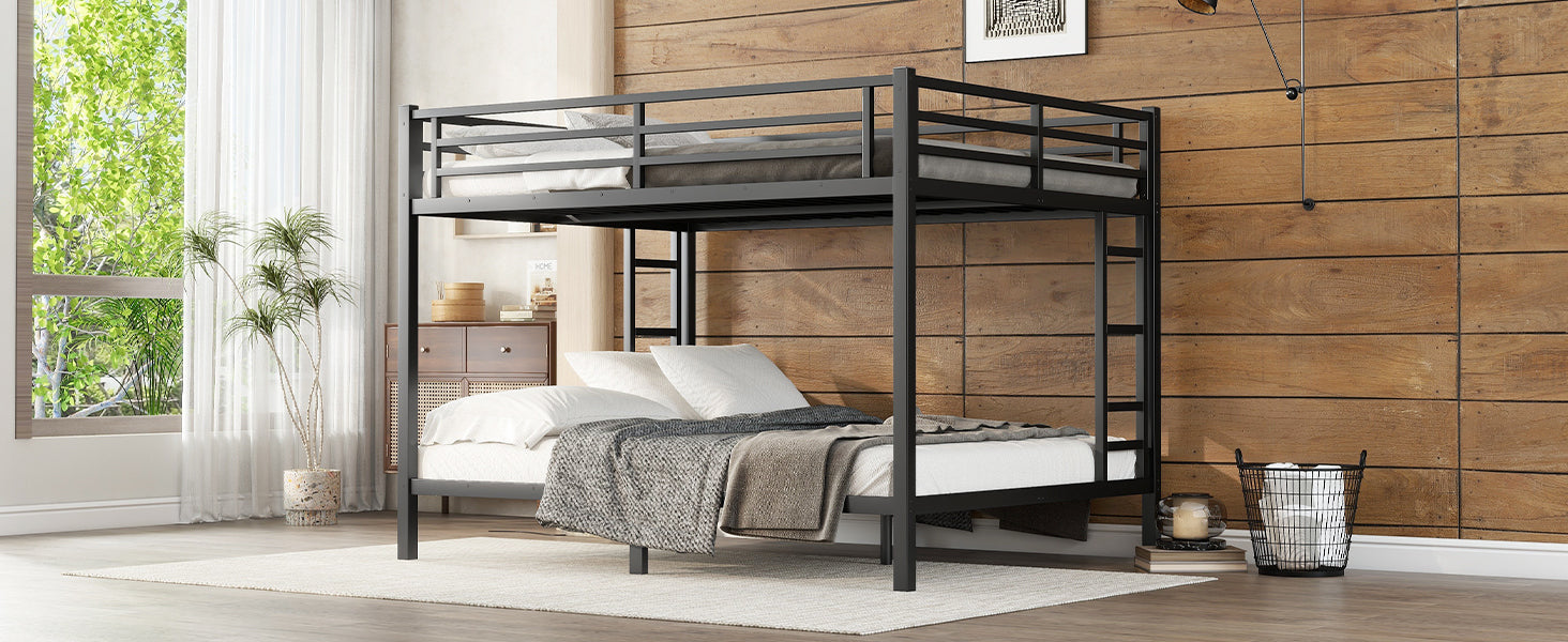 HAOYYE Metal Queen over Queen Bunk Bed for Teens and Adults,Space-Saving/Noise Reduced/No Box Spring Needed, Black Sturdy Heavy Duty Modern Design Dorm Room Easy Assembly Bedroom Furniture