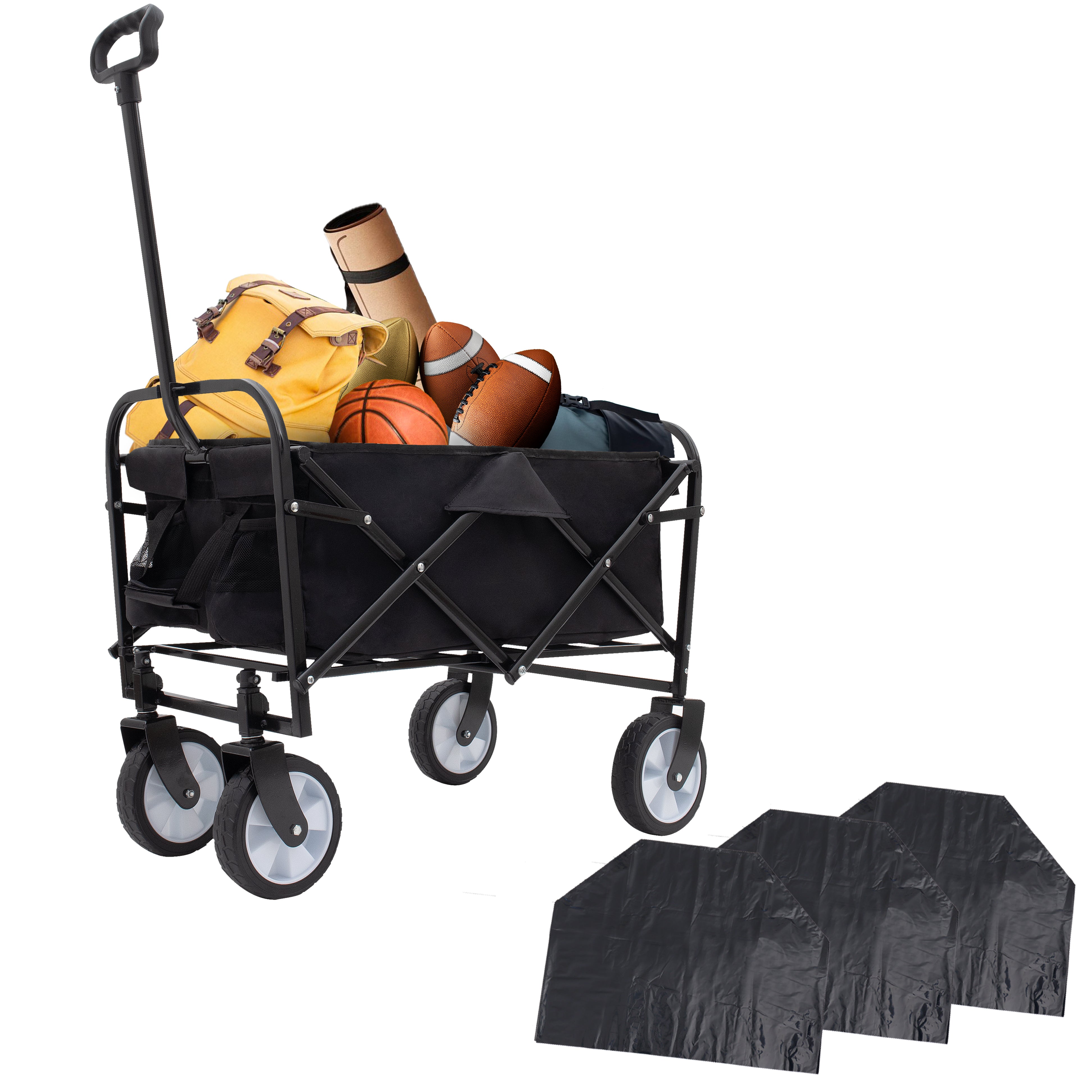 HAOYYE Multi Use Collapsible Foldable Wagon Cart Heavy Duty Utility Cart with 3 Plastic Liner Bags and Cover Grocery Wagon for Beach Camping Picnic Outdoor Travel Black