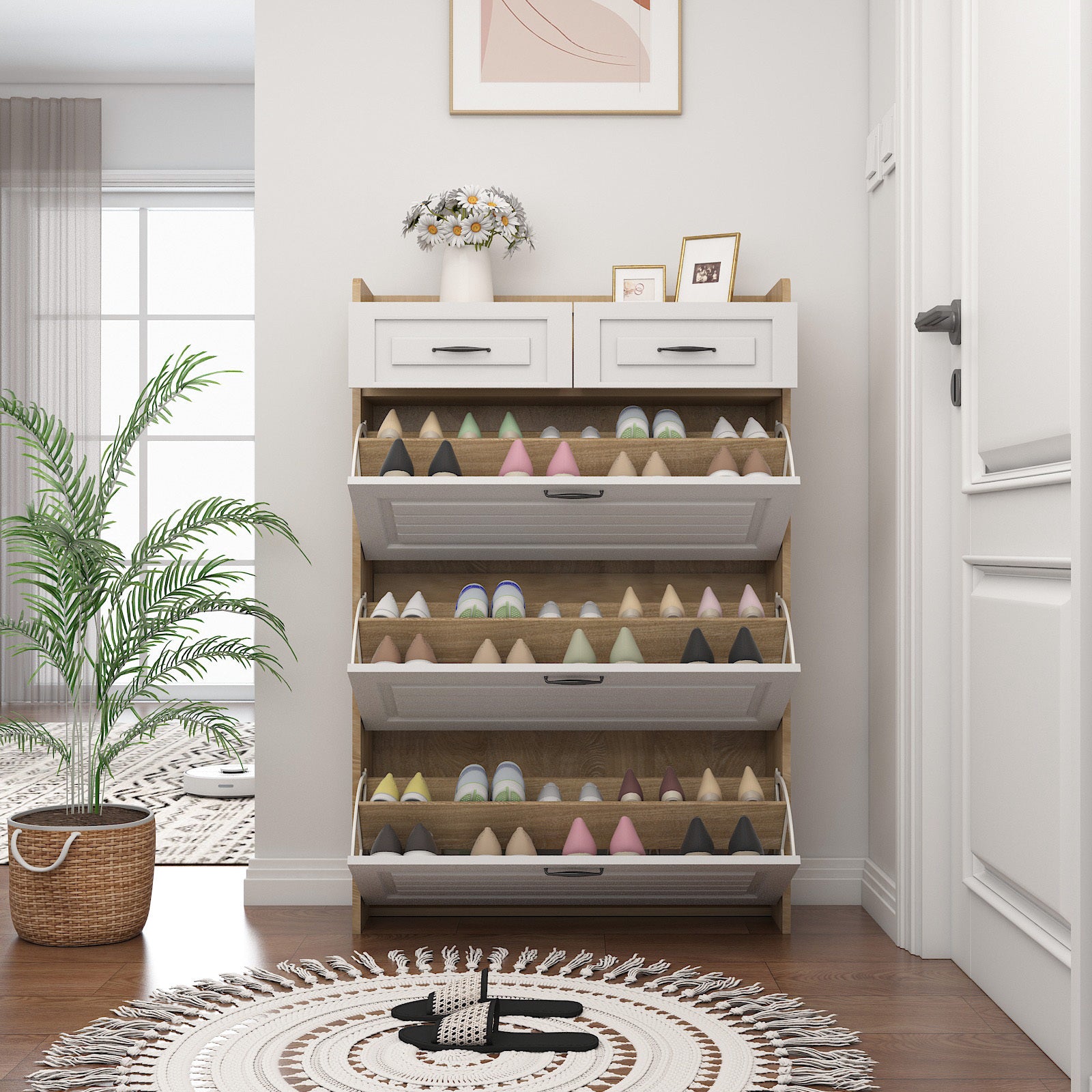HAOYYE White and Oak Shoe Cabinet with 3 Doors and 2 Drawers, Large Storage Space, Sturdy Space-Saving Design, Heavy Duty Construction, Easy Assembly, Durable and Stylish Home Furniture