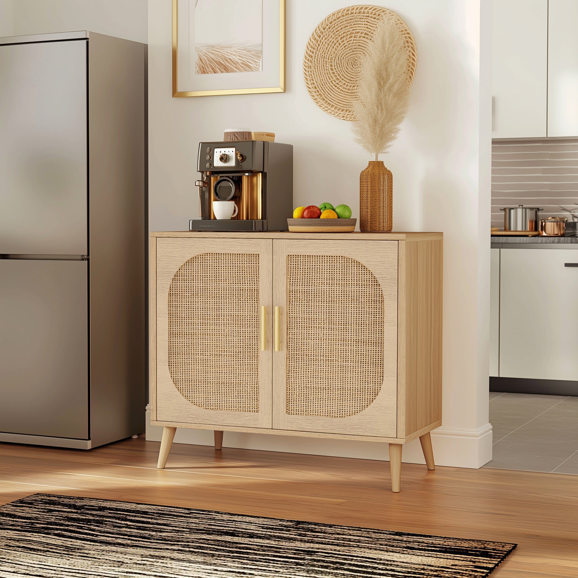 HAOYYE Buffet Cabinet with Storage, Accent Bathroom Floor Cabinet with Two Doors and Four Compartments, Solid Wood Feet, Modern Sideboard for Hallway, Entry, Living Room