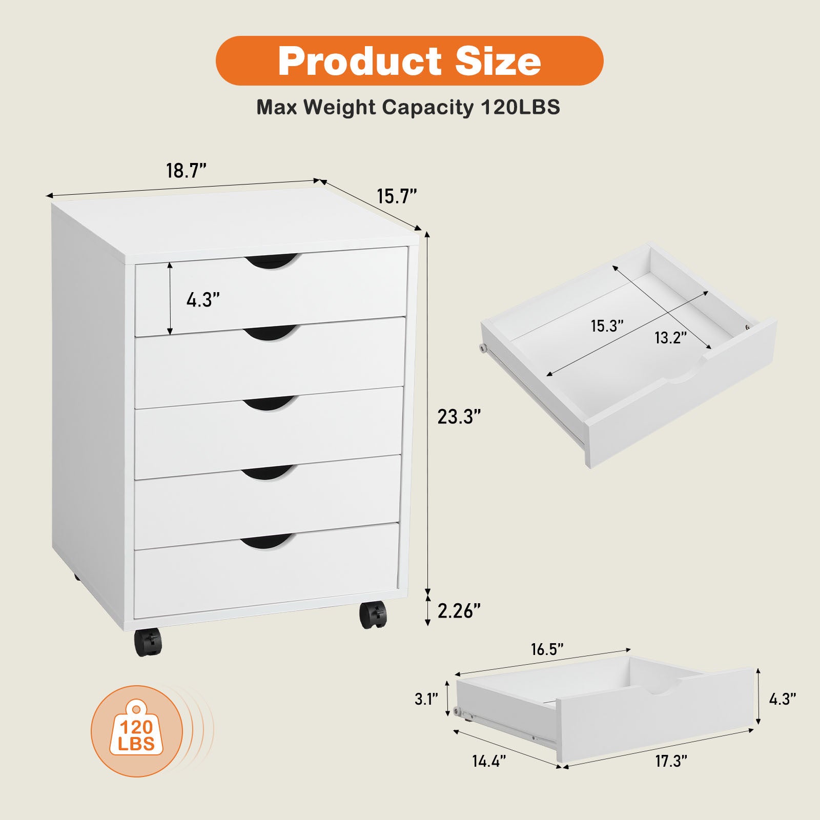 HAOYYE 5-Drawer Mobile Storage Cabinet, Sturdy Wooden Organizer Chest with Wheels, Modern Space-Saving Design, Heavy Duty Construction, Ideal for Office or Dorm Room Furniture