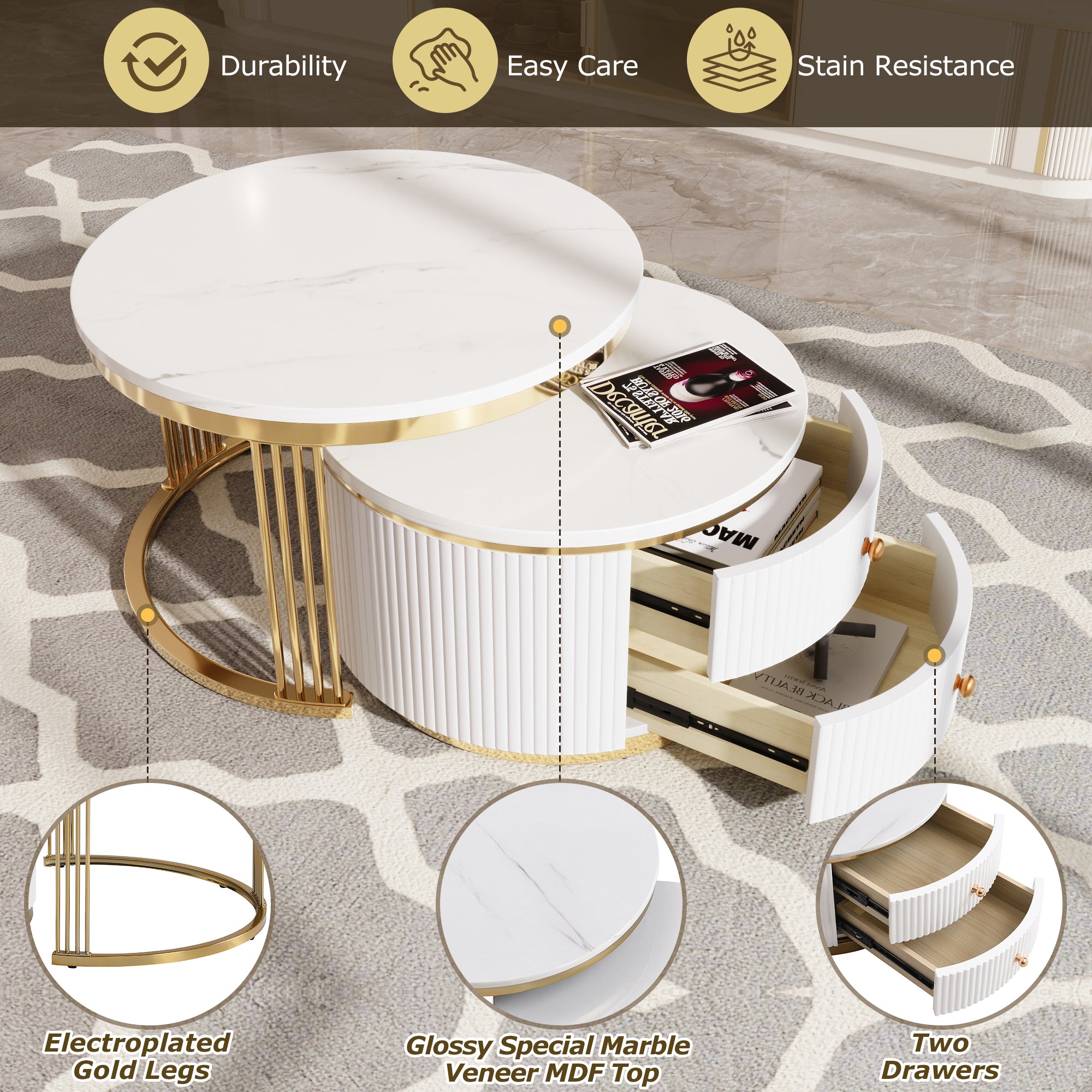 HAOYYE Modern 2-Piece White Round Nesting Coffee Table with Drawers, Sturdy and Space-Saving Design, Heavy Duty Construction, Ideal for Living Room, Bedroom, and Dorm Rooms, Easy Assembly for Adults