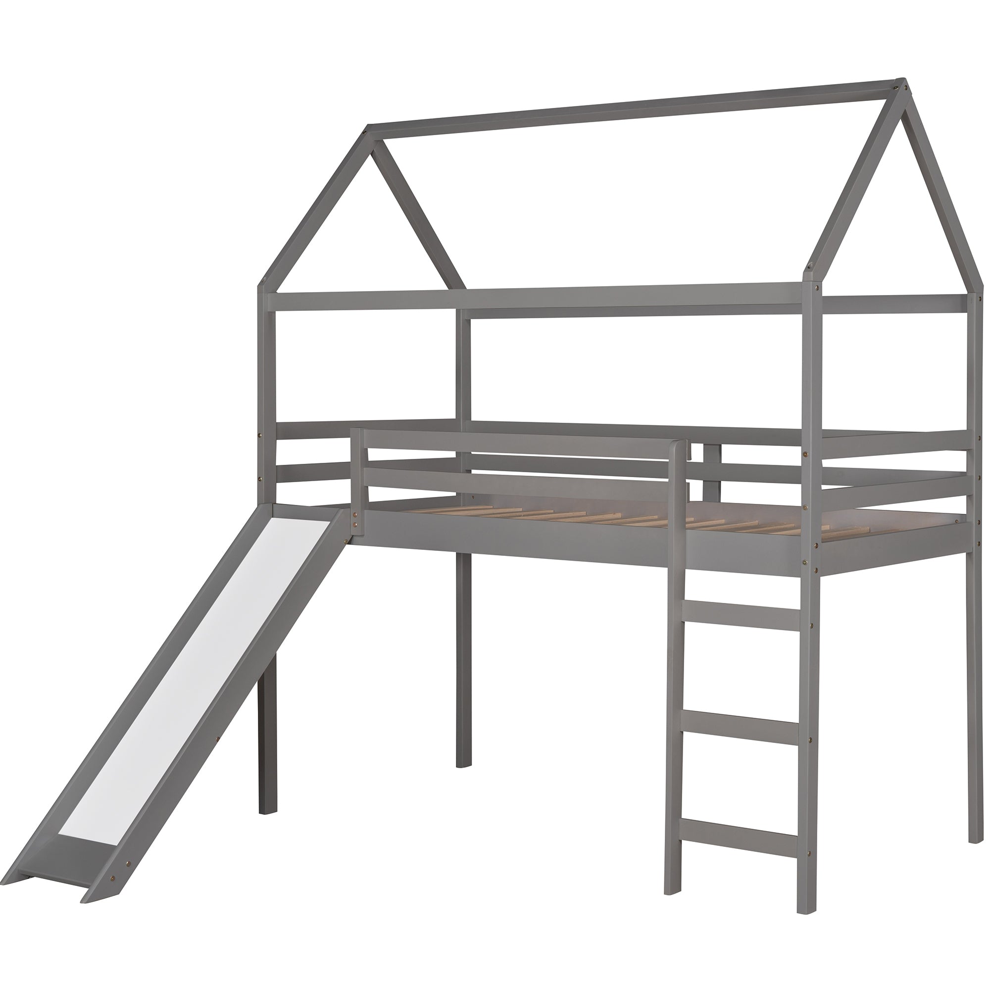 HAOYYE Twin Loft Bed with Slide, House Bed with Slide,Gray(OLD SKU :WF286245AAE) Sturdy Space-Saving Heavy Duty Modern Design Adults Dorm Room Easy Assembly Bedroom Furniture