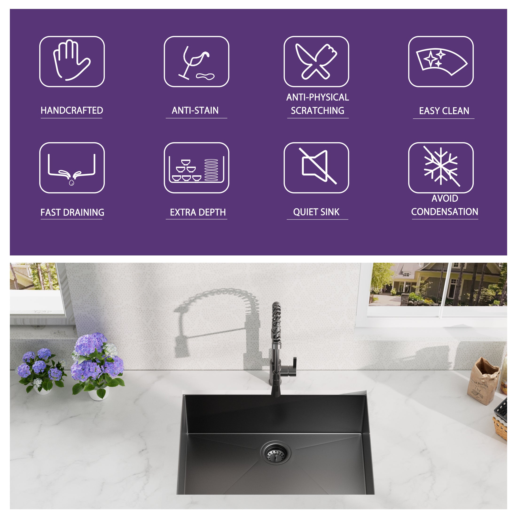 HAOYYE 27x17 inch Undermount Gunmetal Black 18 Gauge Stailess Steel Kitchen Sink Sturdy Space-Saving Heavy Duty Modern Design Adults Dorm Room Easy Assembly Bedroom Furniture