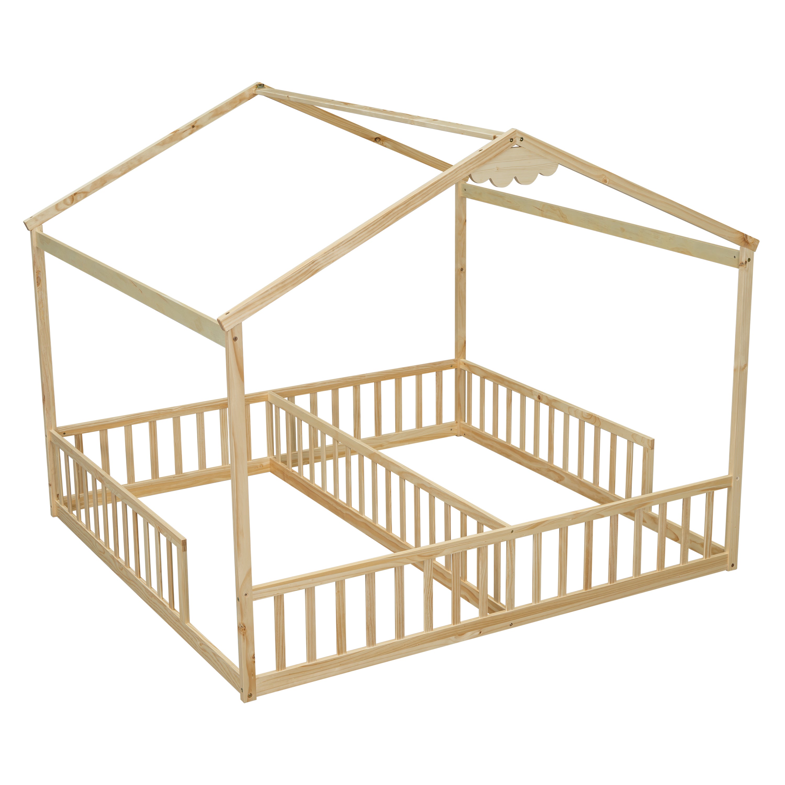 HAOYYE Double Twin House-Style Floor Bed with Fence, Guardrails, without door, Natural Sturdy Space-Saving Heavy Duty Modern Design Adults Dorm Room Easy Assembly Bedroom Furniture