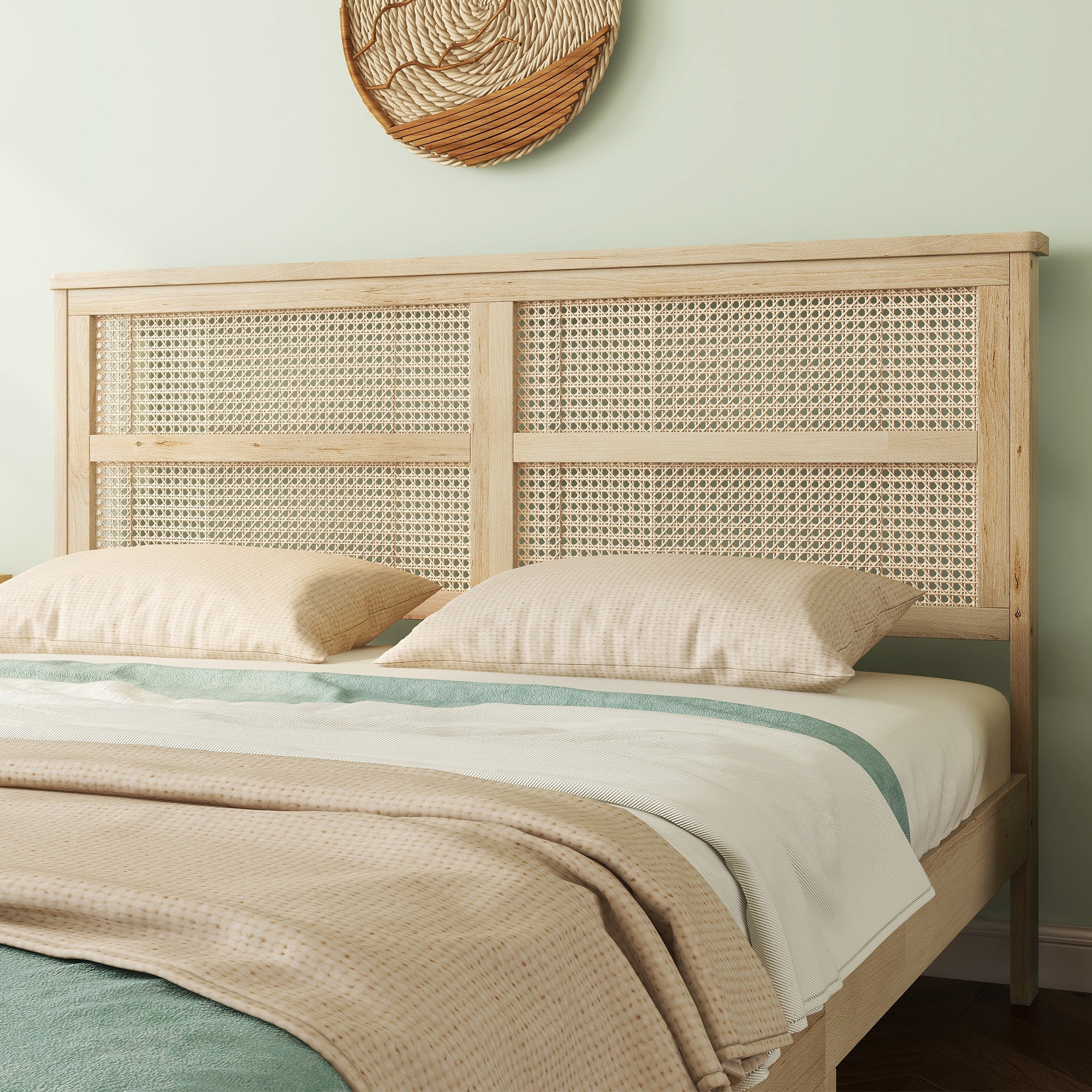 HAOYYE Queen Size Rubber Wooden, Solid Wooden Bed with Rattan Headboard, Enhanced by Support Feet,Oak White Sturdy Space-Saving Heavy Duty Modern Design Adults Dorm Room Easy Assembly Bedroom Furniture