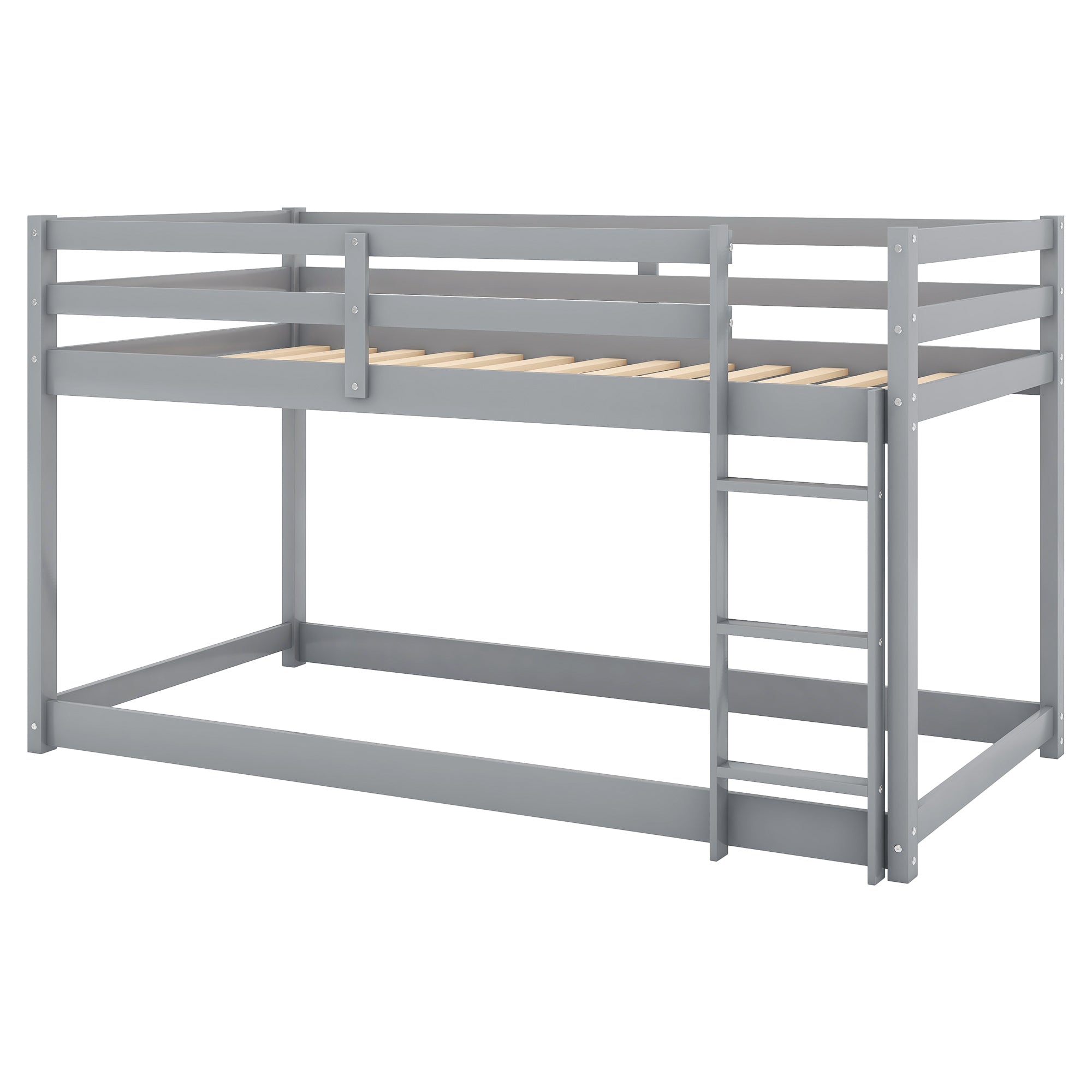 HAOYYE Twin over Twin Floor Bunk Bed with Ladder , Gray(Old SKU:WF281727AAE/WF286602AAE) Sturdy Space-Saving Heavy Duty Modern Design Easy Assembly Durable Stylish Home Furniture Versatile