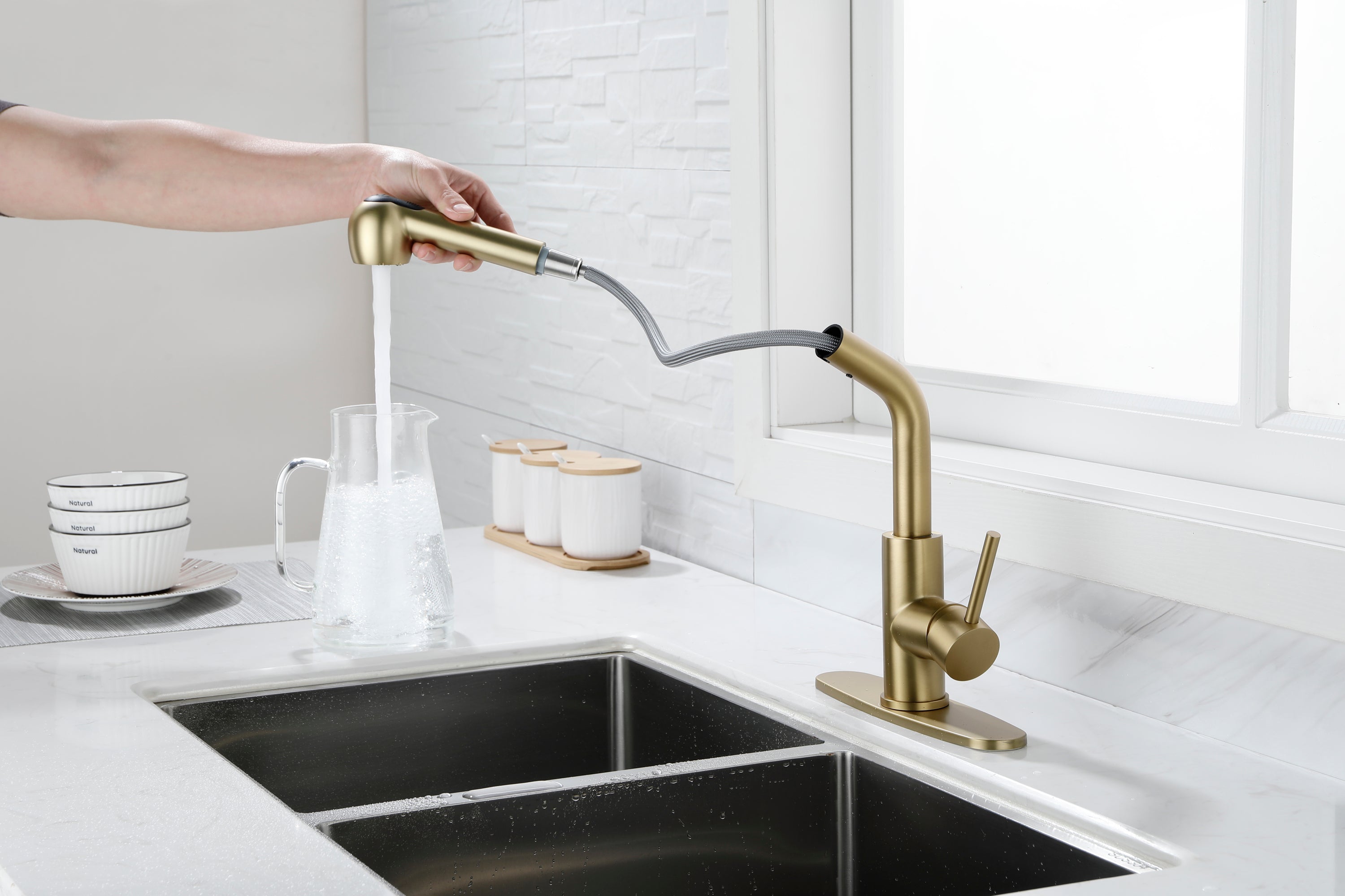 Haoyye Single-Handle Pull-Out Utility Sink Faucet, Stainless Steel High Arc Faucet with Dual Spray Function and 360° Swivel Spout, Easy DIY Installation, Spot-Resistant Finish, Modern Heavy Duty Design for Laundry Room, Kitchen, or Utility Sink