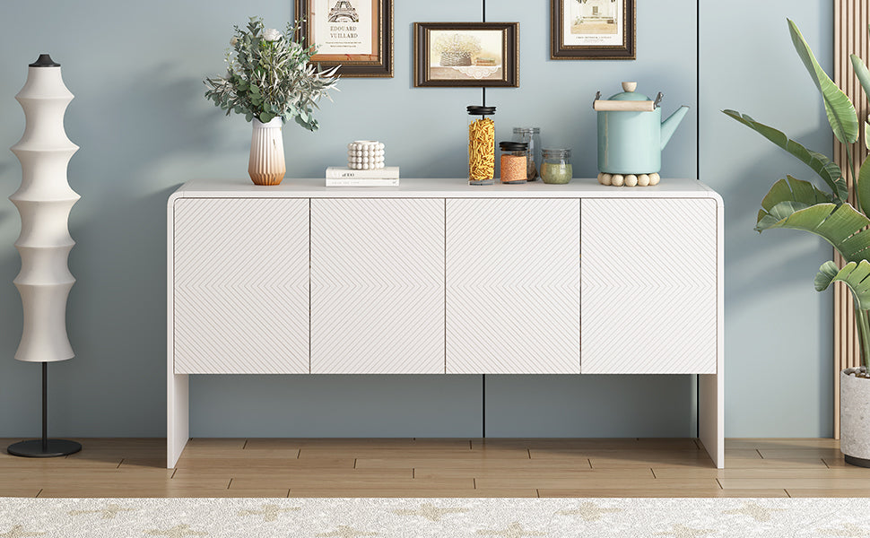 HAOYYE Minimalist Style 60"L Large Storage Space Sideboard with 4 Doors and Rebound Device for Living Room and Entryway (White) Sturdy Space-Saving Heavy Duty Modern Design Adults Dorm Room
